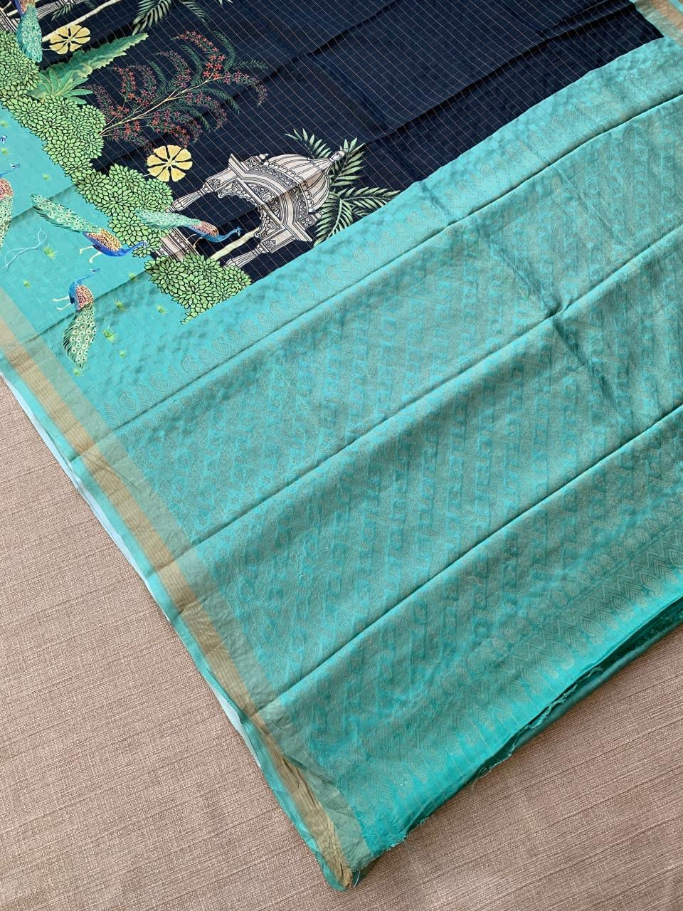 Black Checks Soft Silk with beautiful Skirt Border Peacock Print