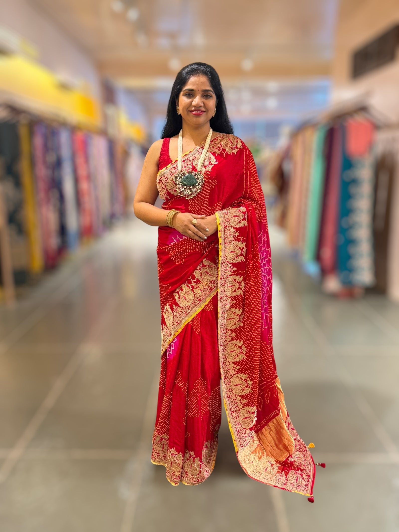 Red Rai bandhej Saree With Embroidered Border