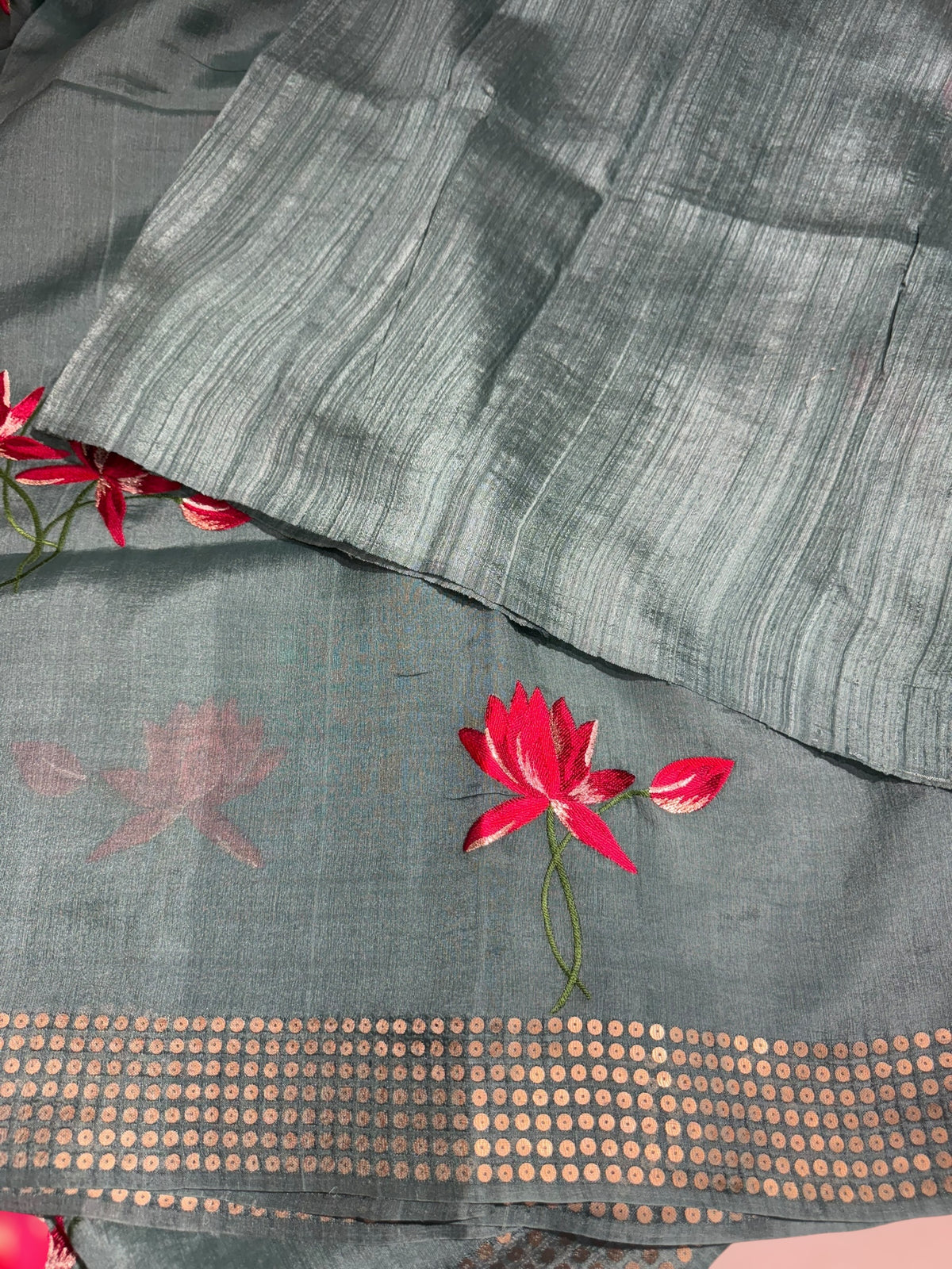 Teal pure handloom tussar byloom saree with lotus embroidered bunch motifs