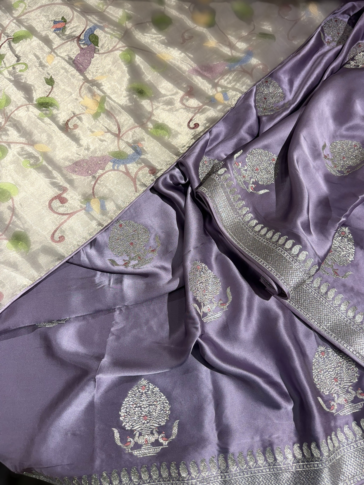 Lilac Pure Satin Saree with Embroidery.