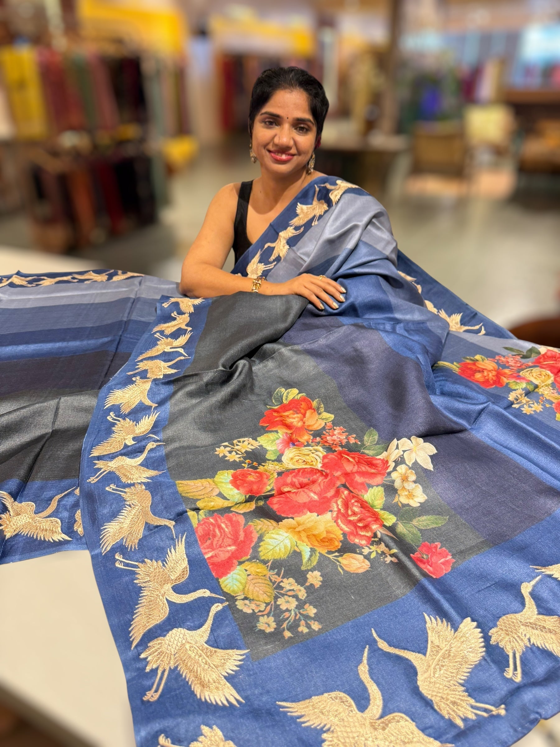 Tussar Rangkaat Saree With Crane Bird  Embroidered Border