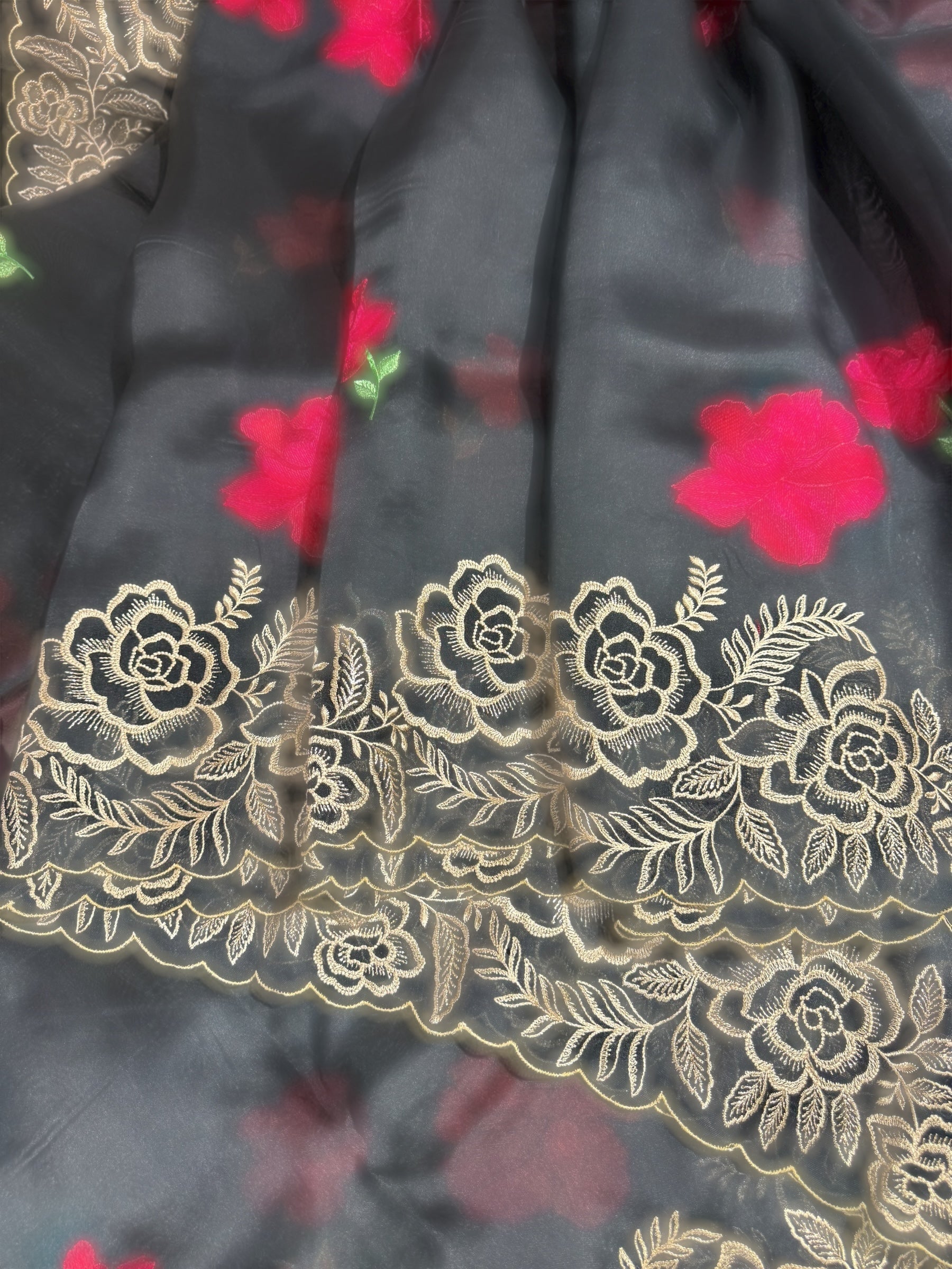 Black Organza Saree with stunning outline floral embroidered cytwork border and red hibuscus flowers allover