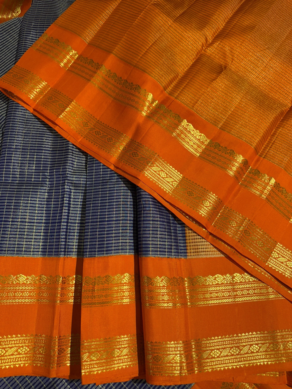 Blue & Orange Combo Vintage Checks Gap Border Kanjeevaram Saree