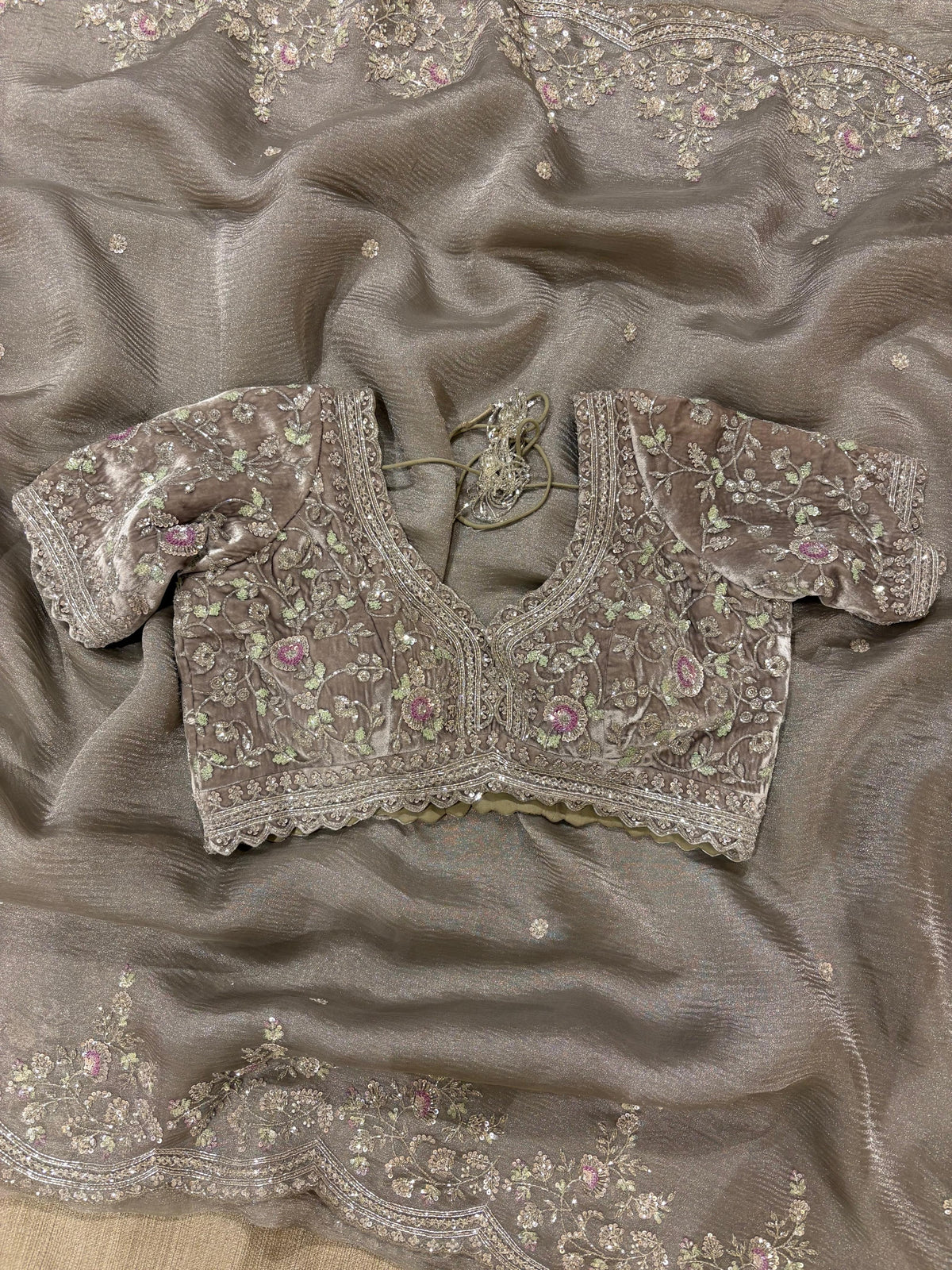 Greyish silver Crush Tissue handwork Saree