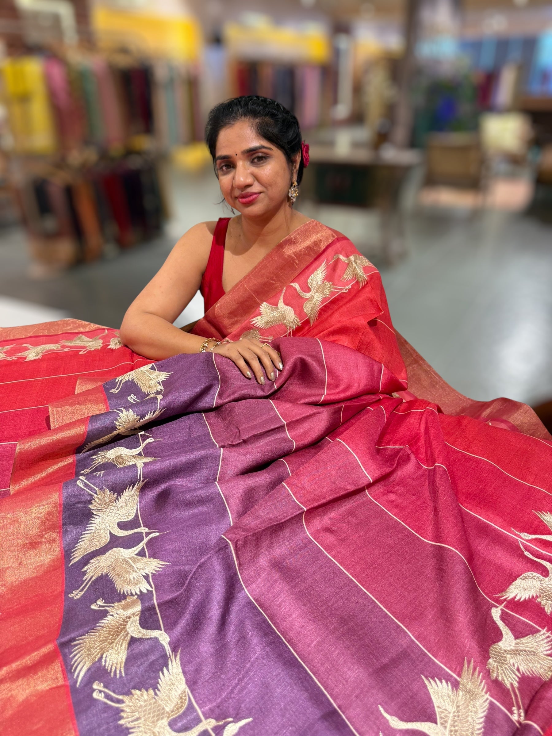 Tussar Rangkaat Saree With Crane Bird  Embroidered Border