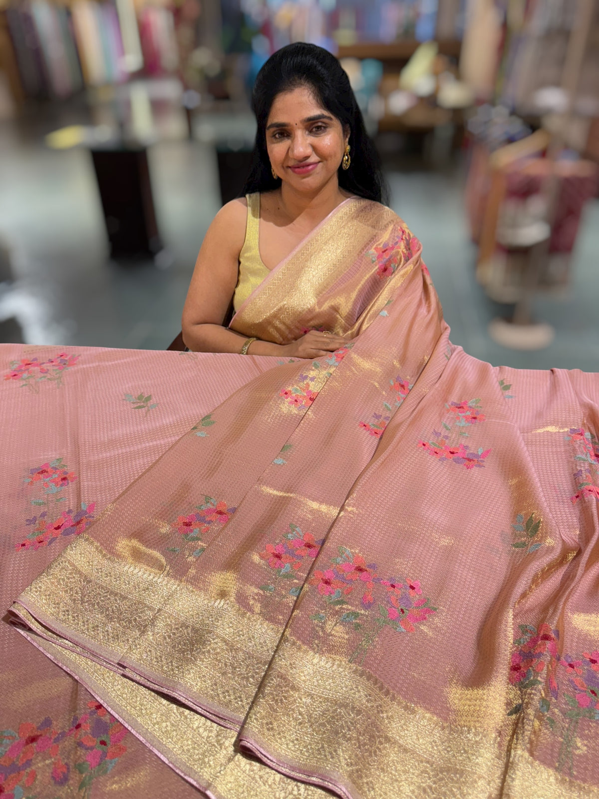 Peach Pink Fancy Banarasi tissue tonchoi weaving saree with embroidery