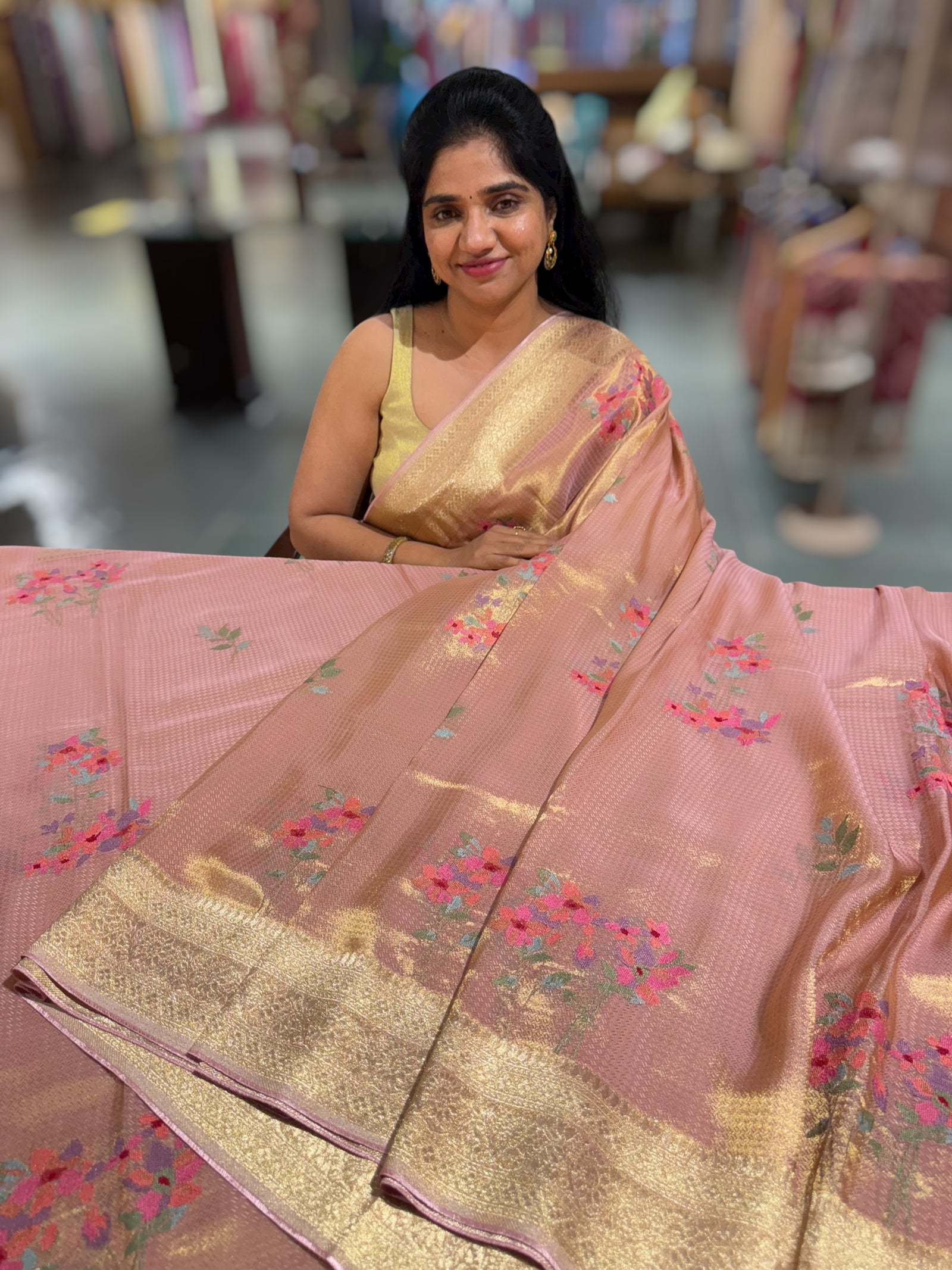 Peach Pink Fancy Banarasi tissue tonchoi weaving saree with embroidery