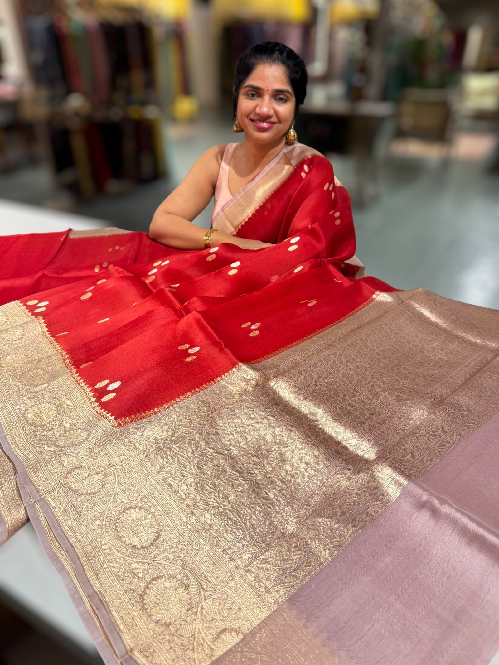 Orangish & Dusty Pink Pure Handloom premium Kora Banarasi Saree