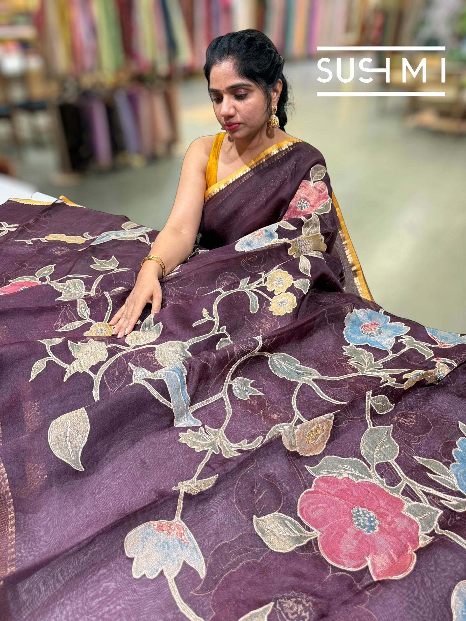 Winish Brown Designer Organza with Tissue applique work : S62F095