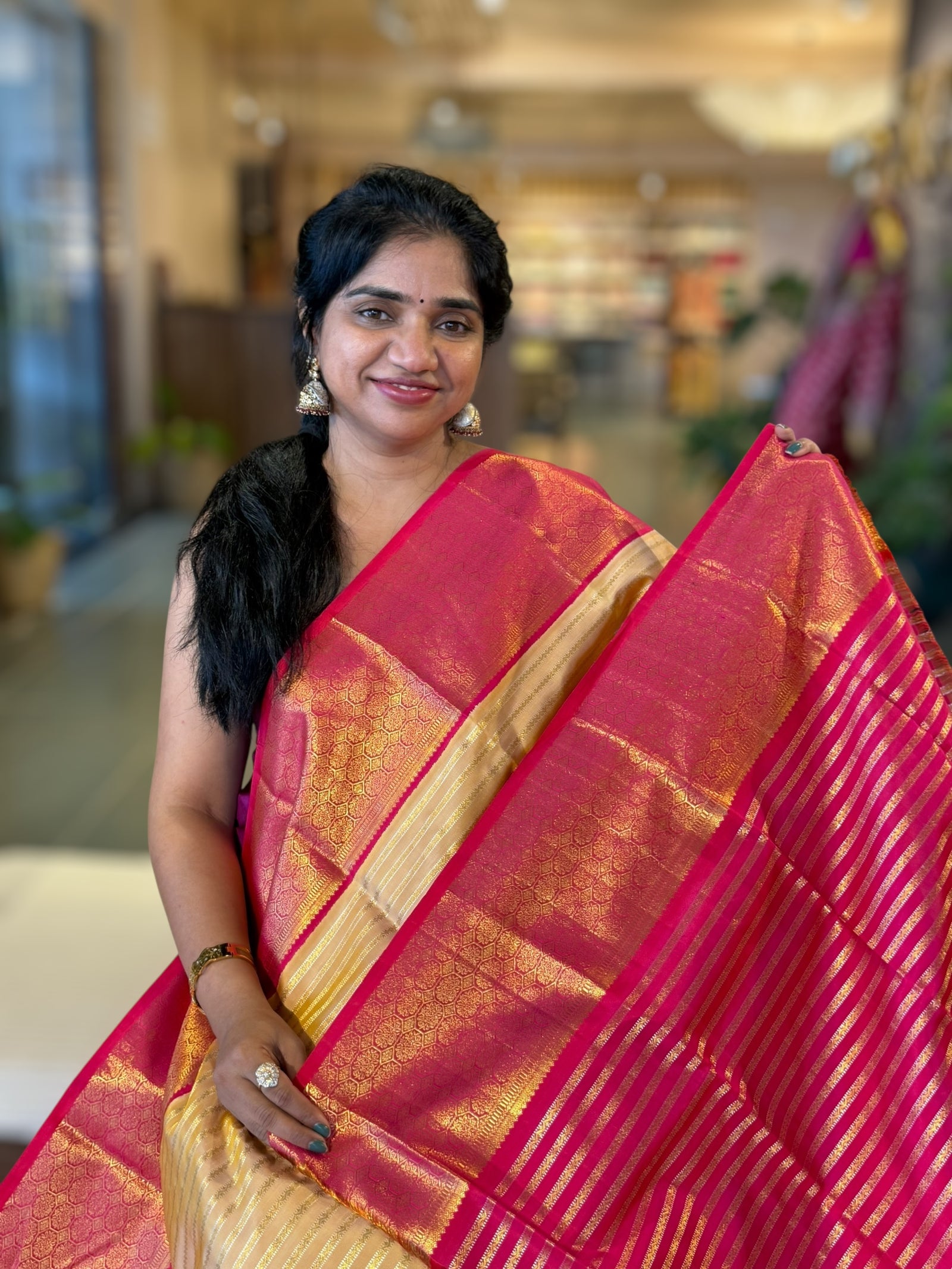 Beige  and Reddish Pink Combo kanchi  kuttu border saree with horizontal stripes