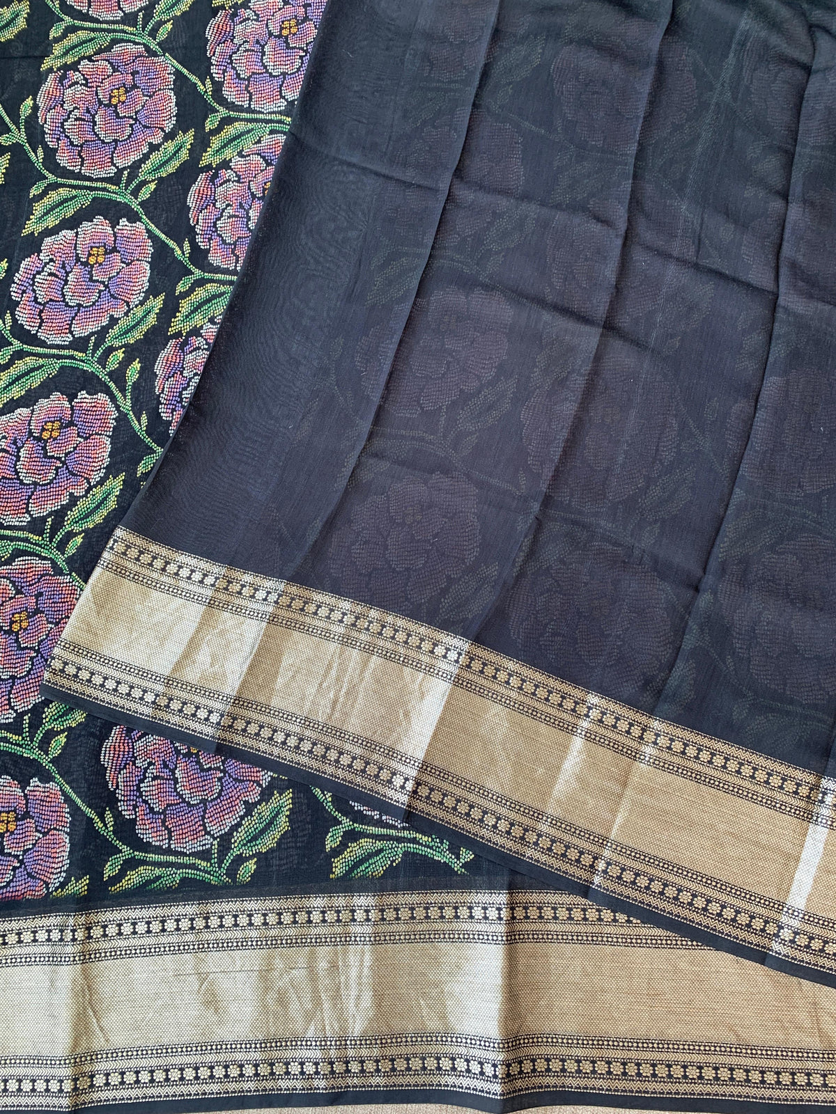 Black Pure Handloom Chiniya Silk Saree with stunning Floral Print and zari borders