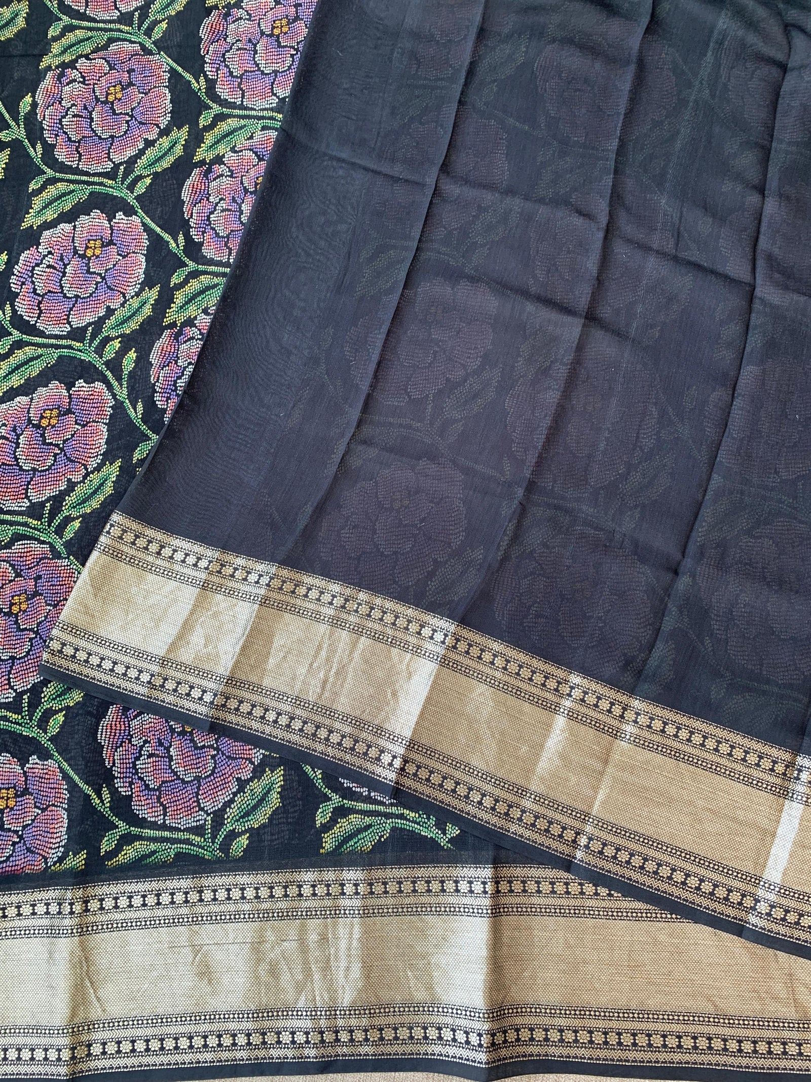 Black Pure Handloom Chiniya Silk Saree with stunning Floral Print and zari borders