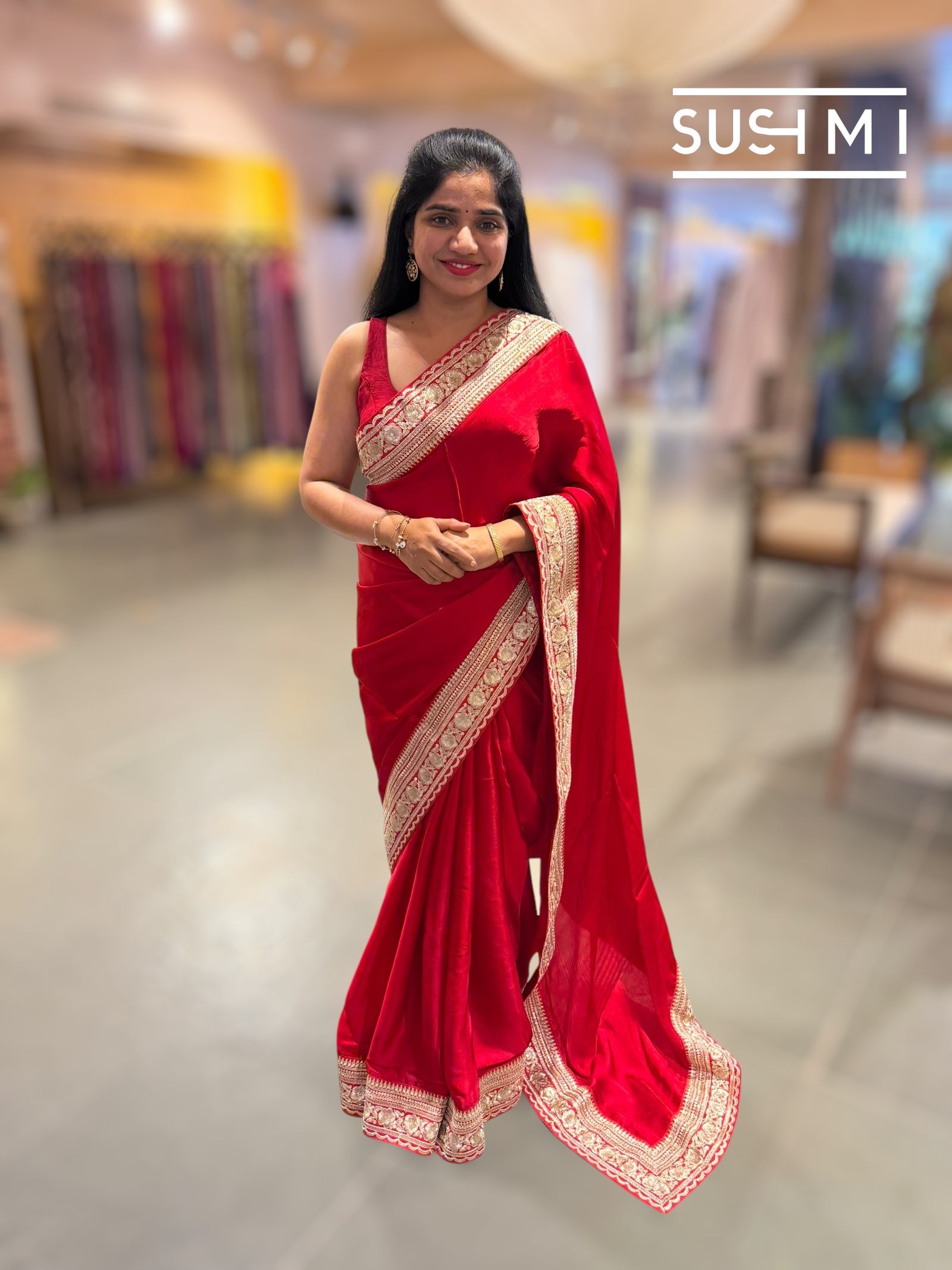Red Satin Saree with sabyasachi borders : D62F054