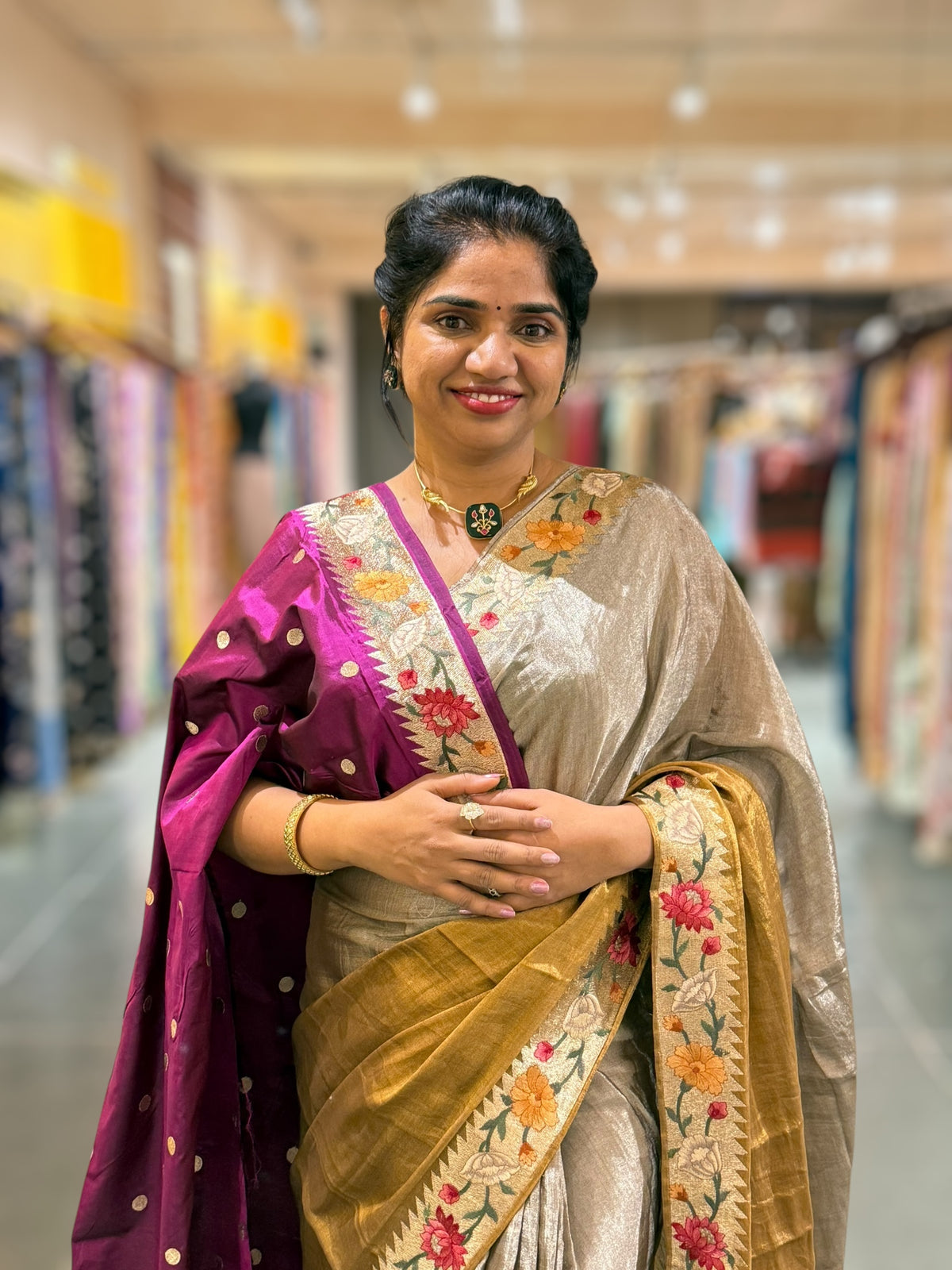 Handloom Tissue Saree with Paithani inspired embroidered border.