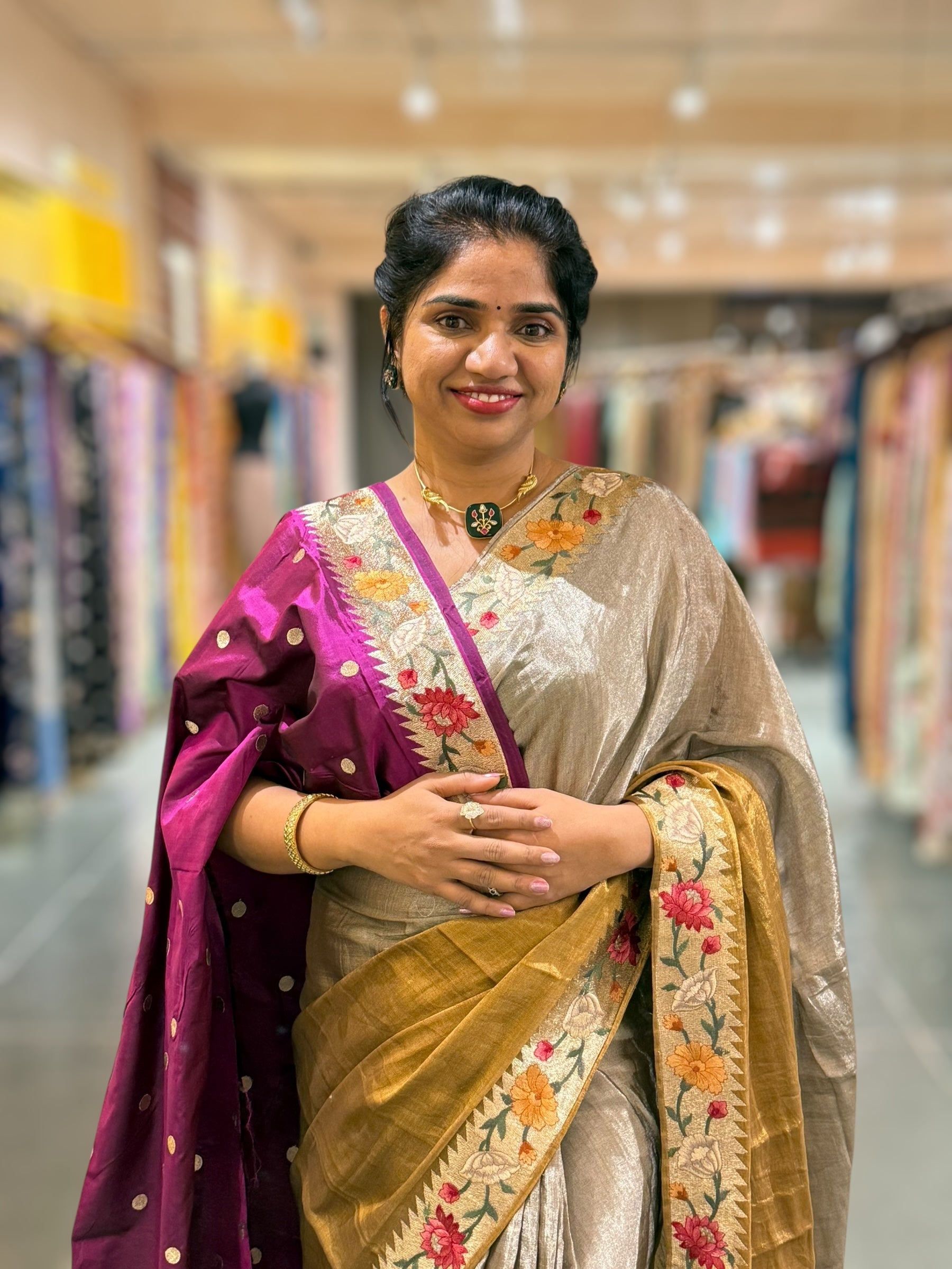 Handloom Tissue Saree with Paithani inspired embroidered border.
