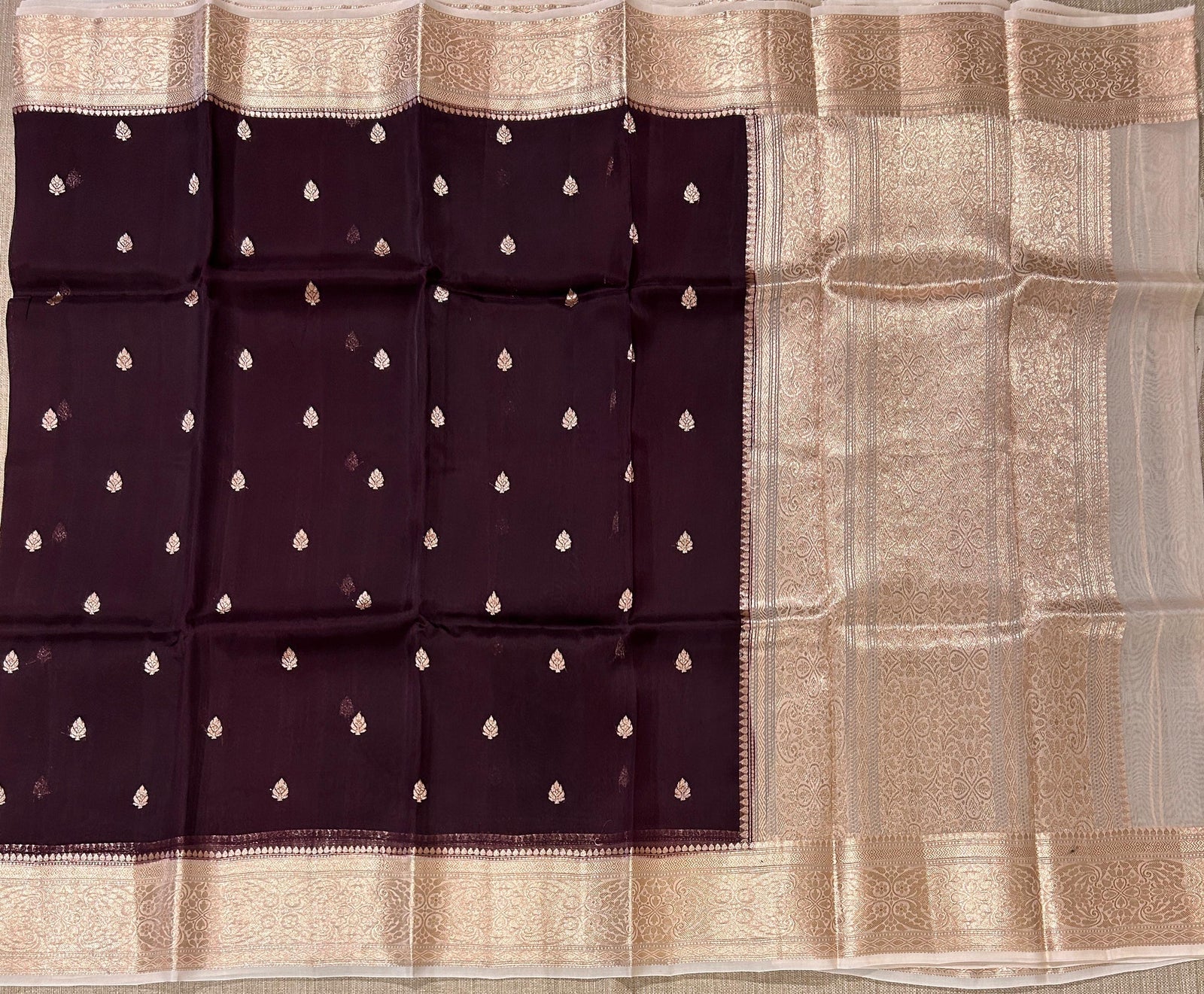 Coffee Brown & Beige Combo Pure Handloom premium Kora Banarasi Saree