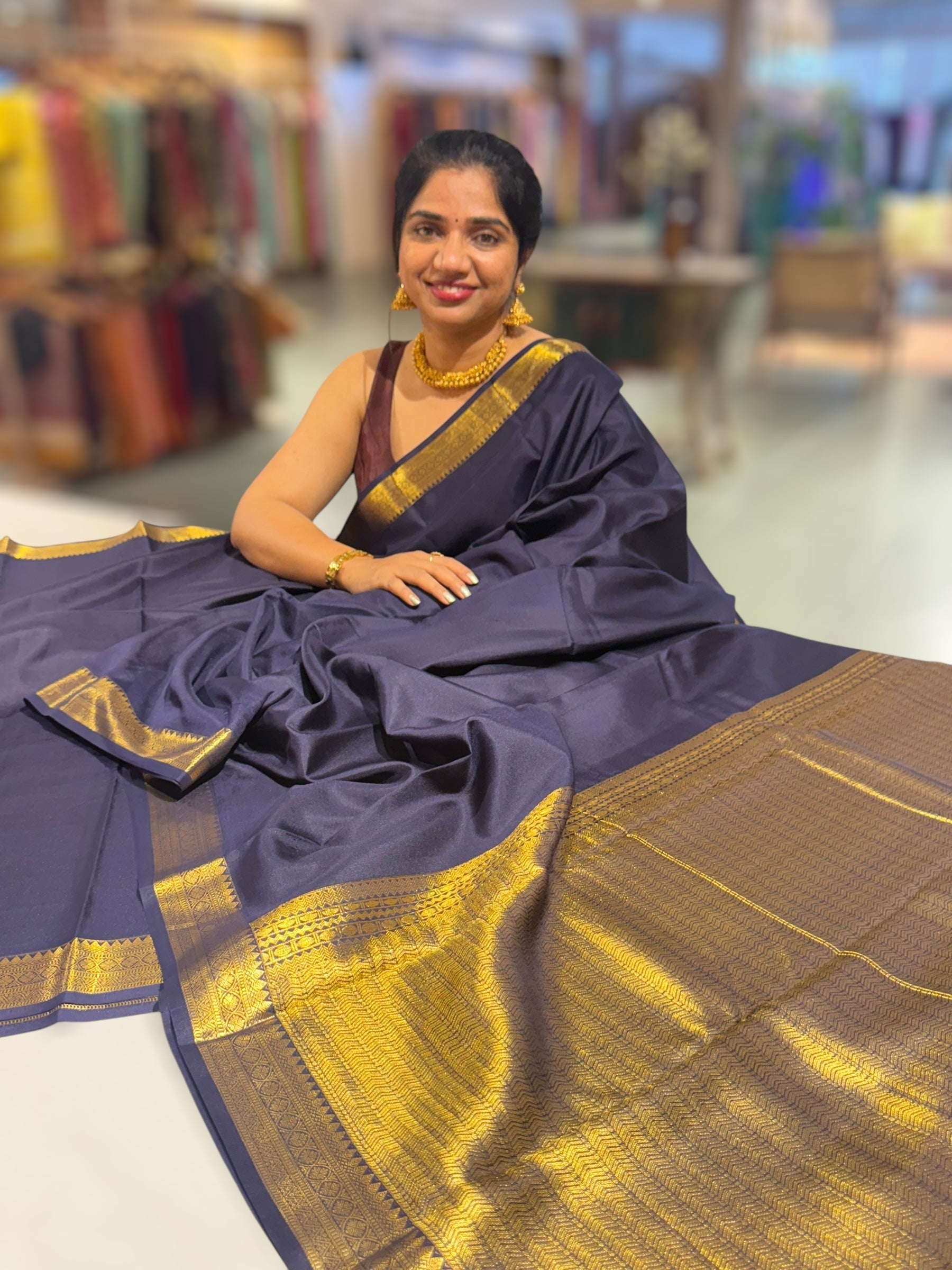 Midnight Blue Kanchi Vintage Saree with Petite Point Embroidered Blouse