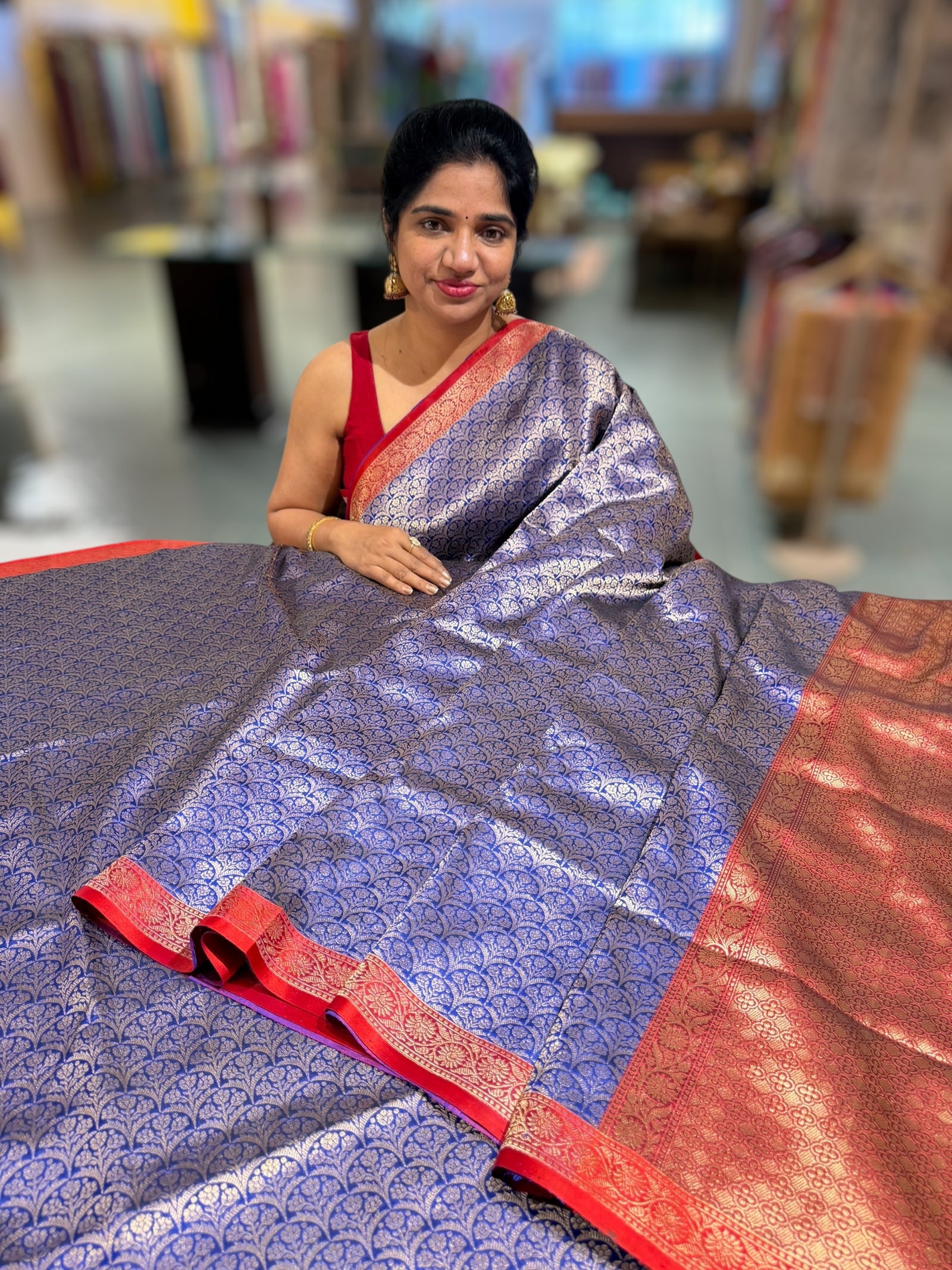 Royal blue Banarasi katan Tonchoi weaving Saree with red Mashru borders
