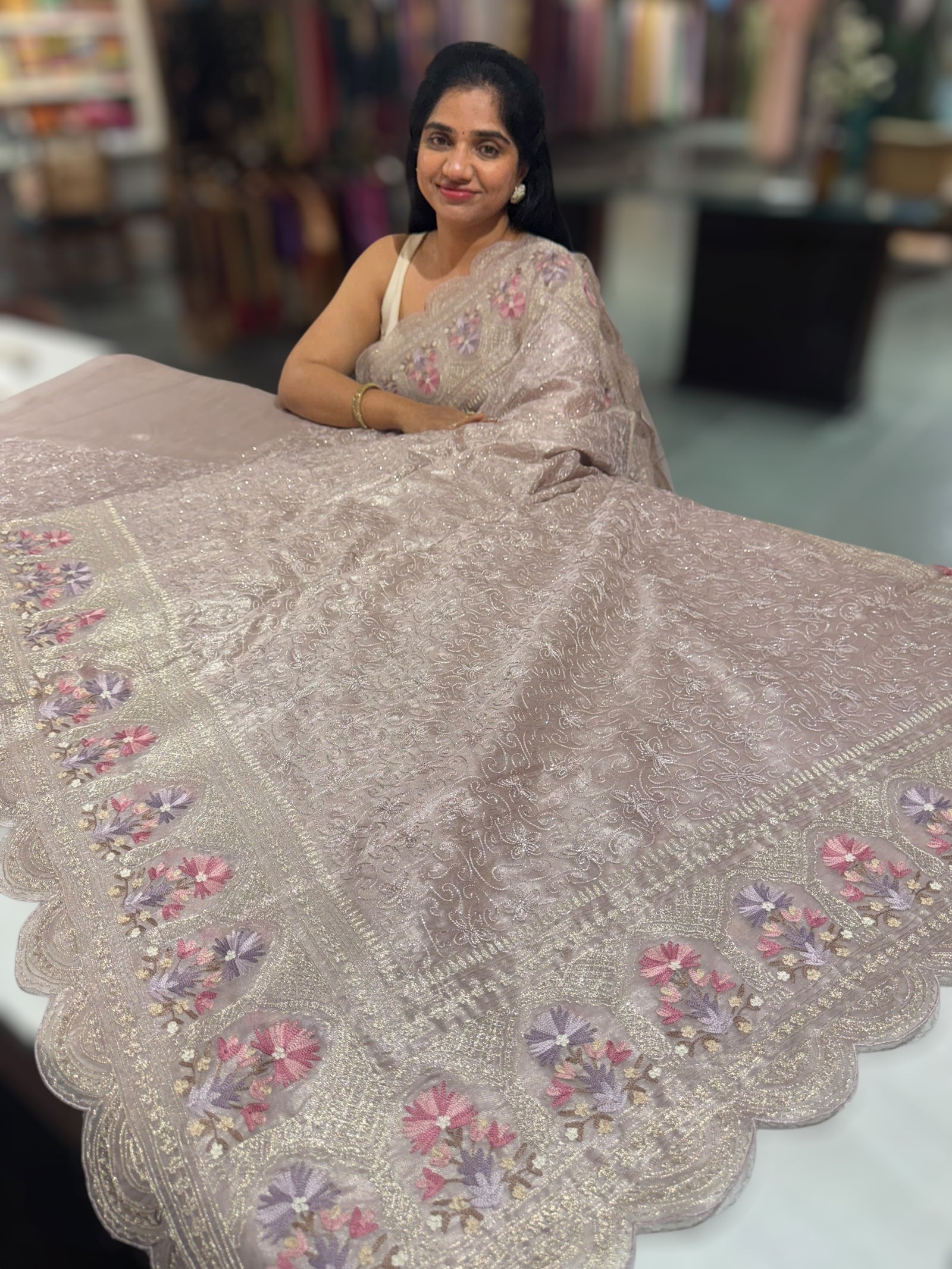 Dusty mauve Glass Organza Saree with allover embroidery