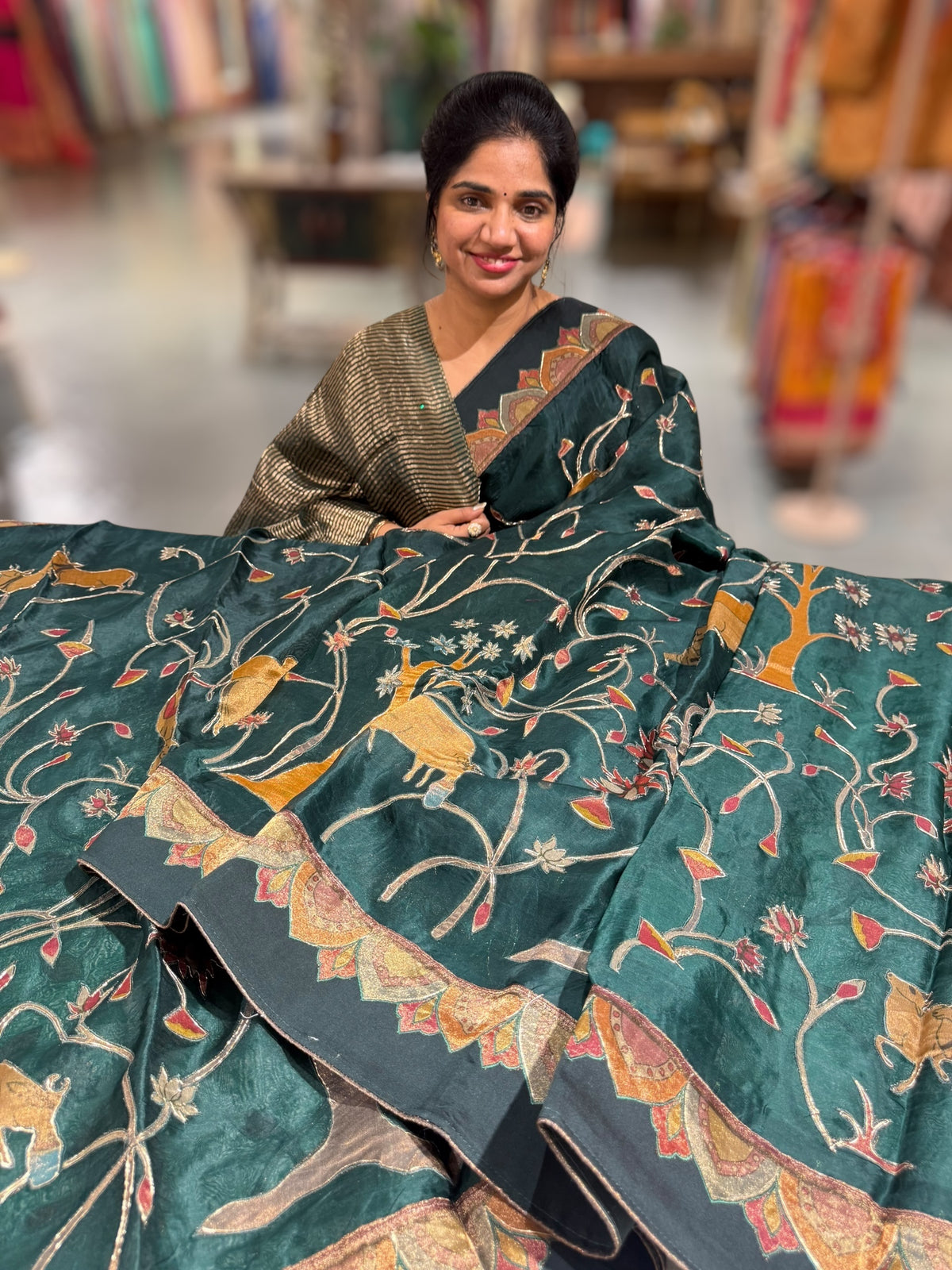 Bottle Green Designer Organza Saree with Stunning Tissue Applique work Saree with village theme