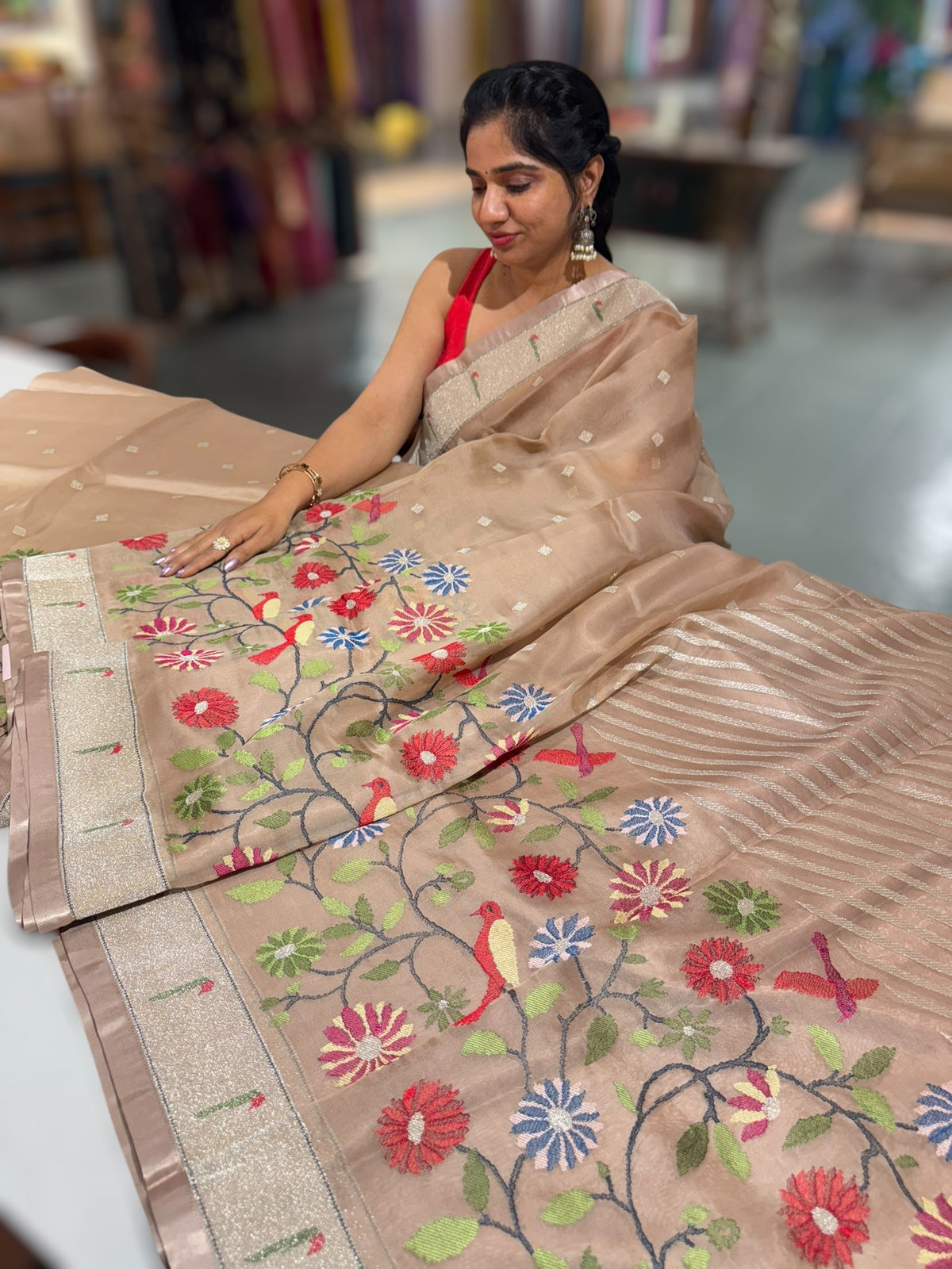 Light Brown Earthy Tone Pure Organza Saree with pythani insipred embroidery