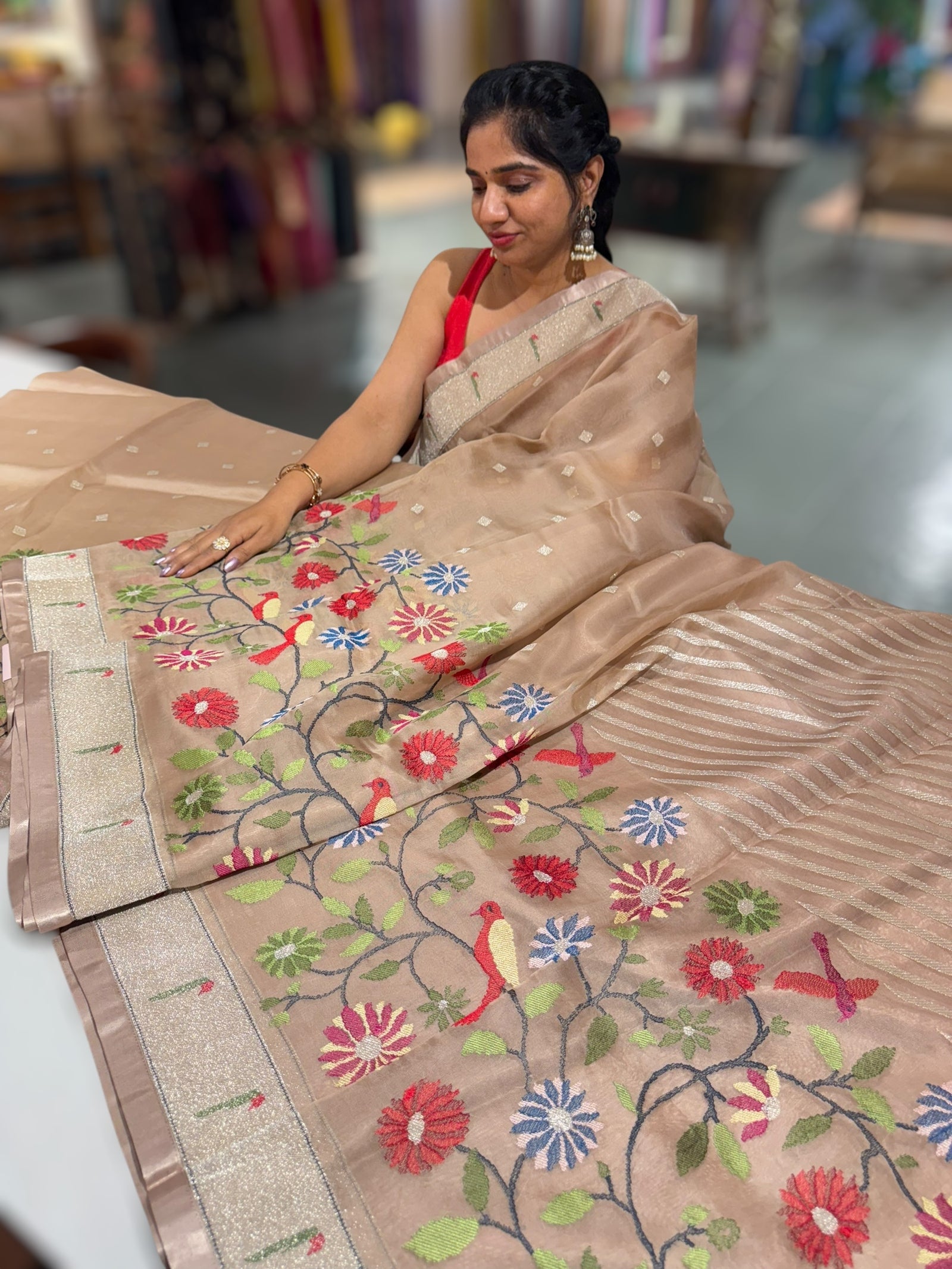 Light Brown Earthy Tone Pure Organza Saree with pythani insipred embroidery