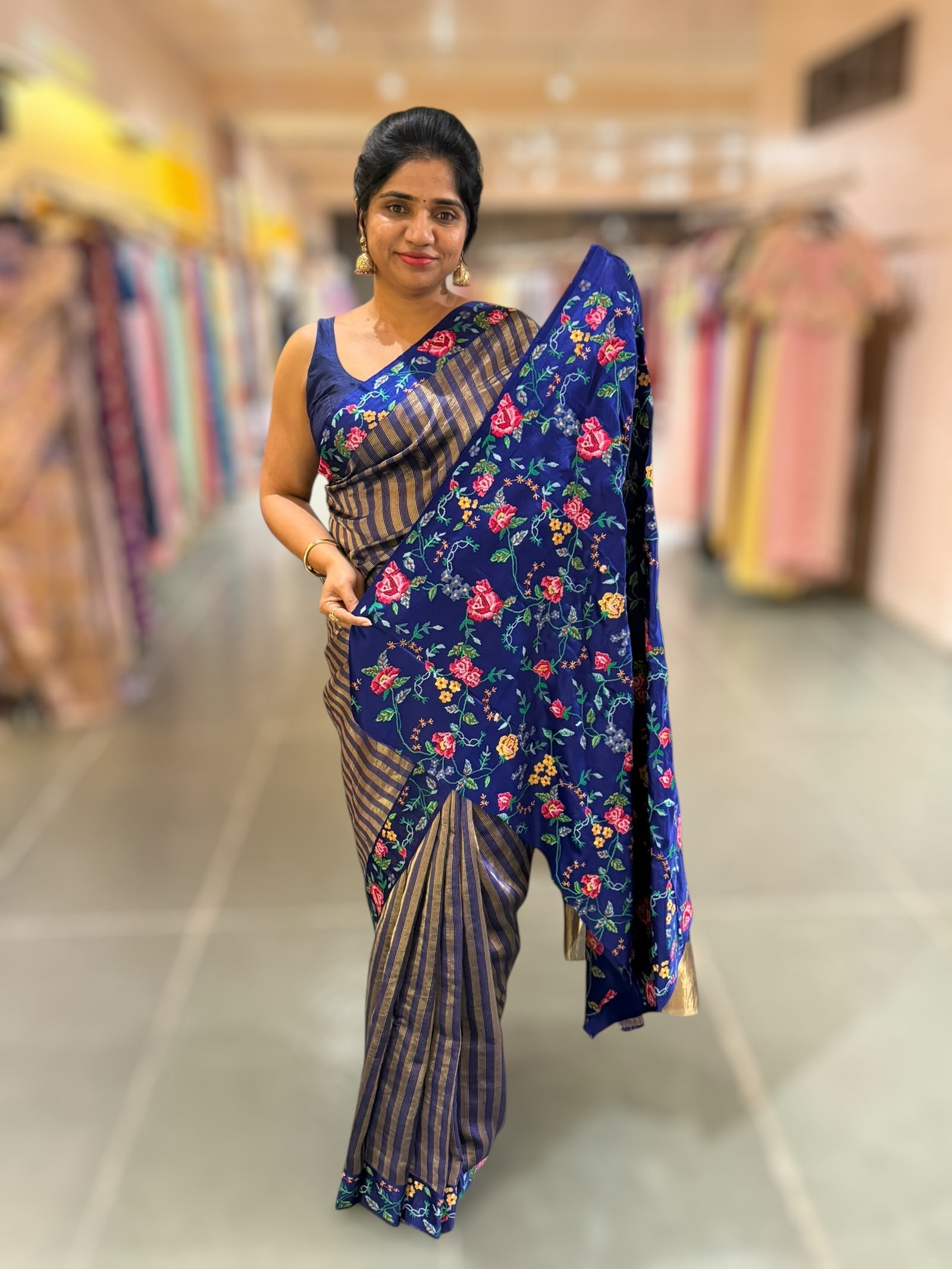 Blue Banarasi Tissue stripes Saree with petite point embroidery