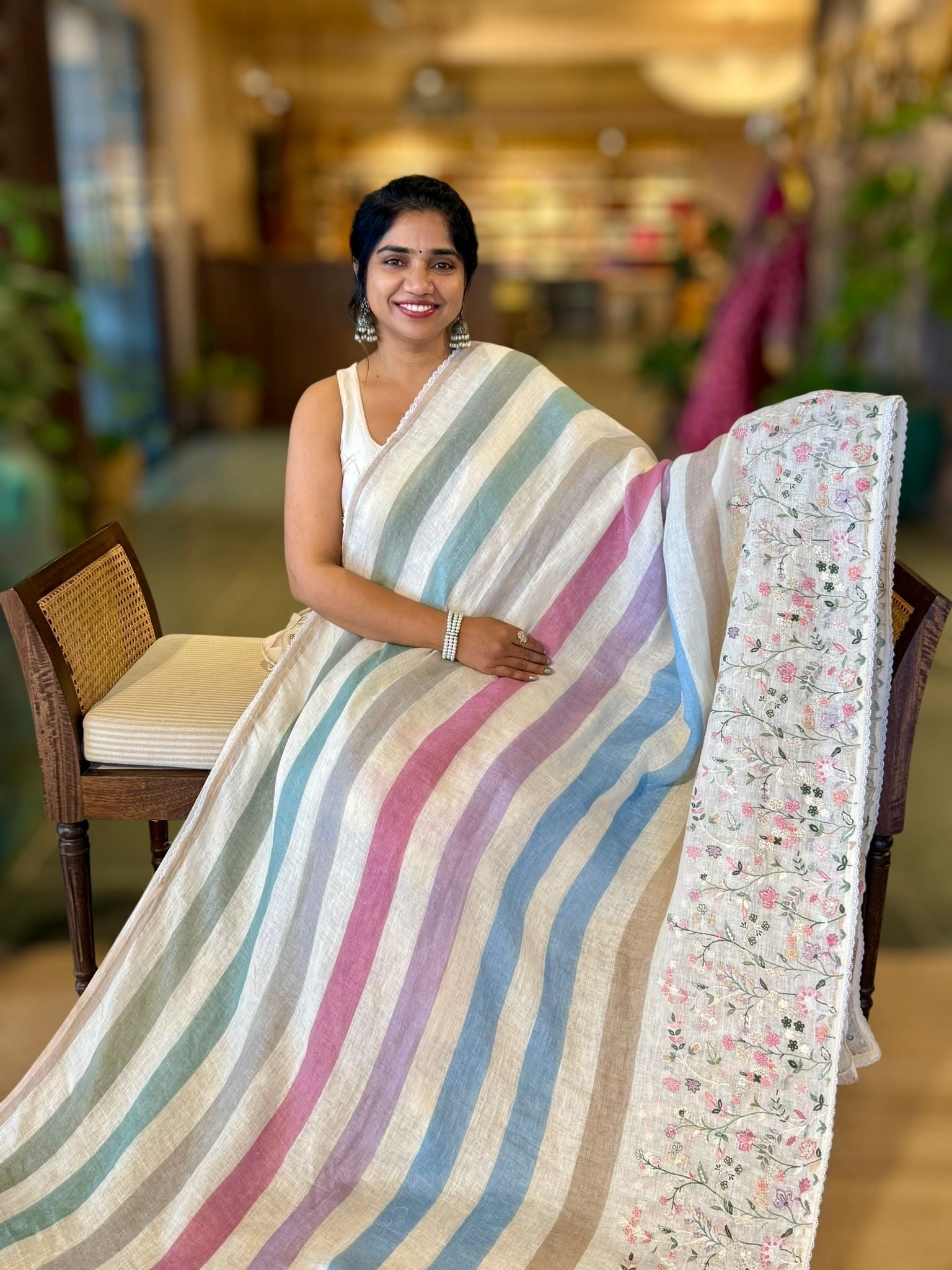 Lenin Saree with Multi Colors stripes and Embroidered Border