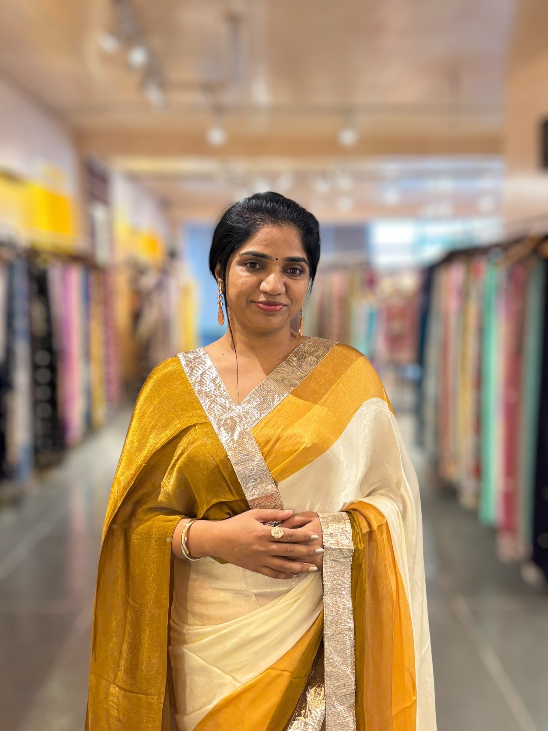 Ivory & mustard combo Chinnon Crepe Saree with Gotapatti Borders
