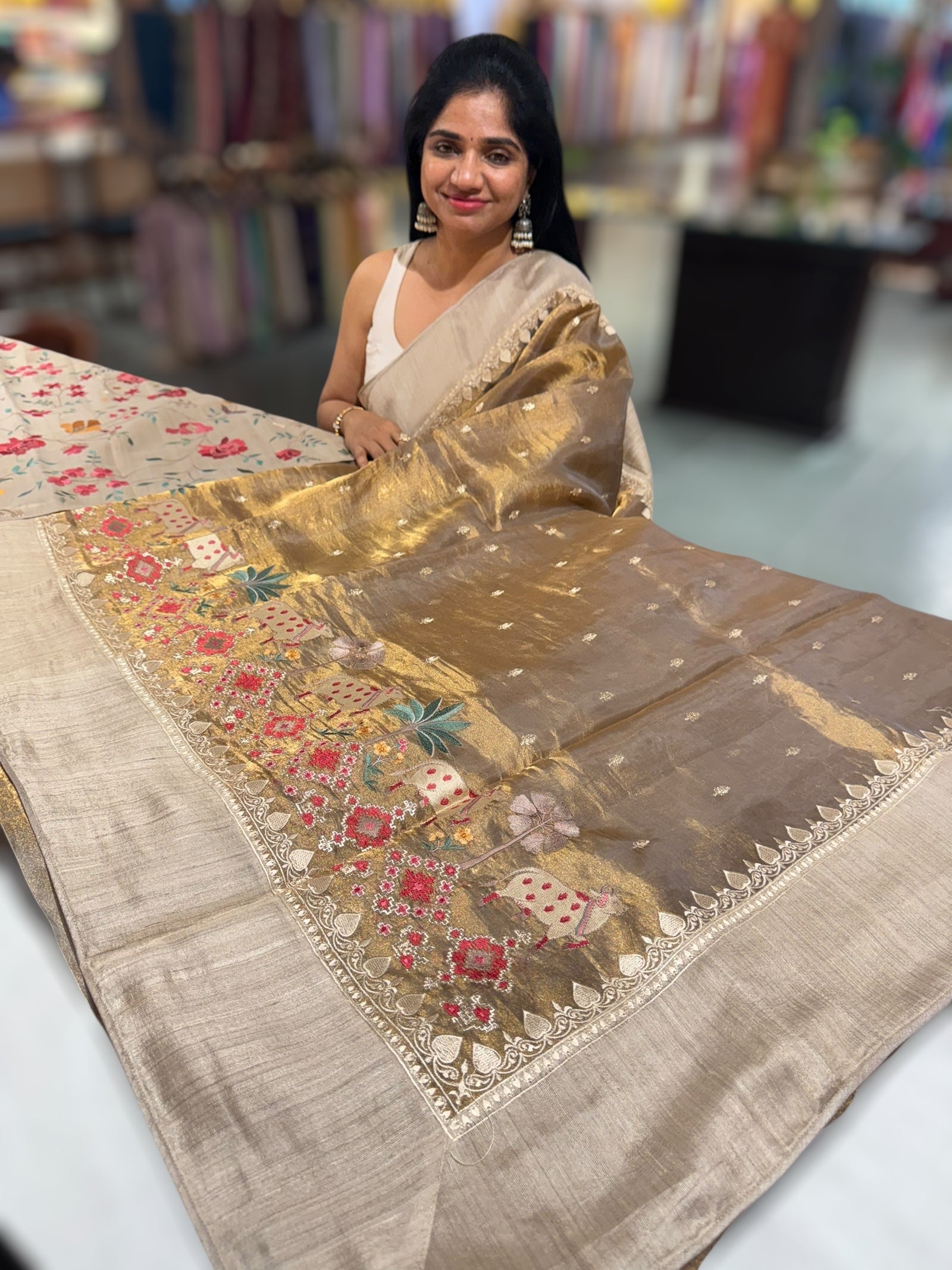Antique Gold Designer Tissue Saree