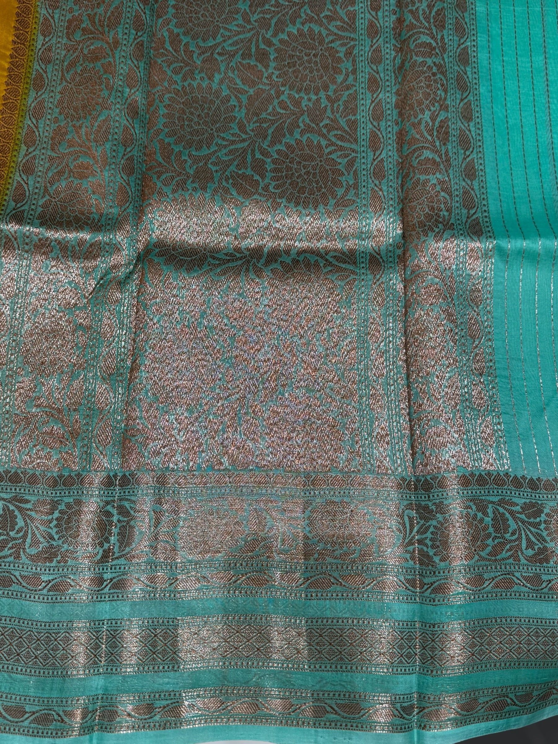 Yellow & Teal Pure Handloom Kora Banarasi Saree