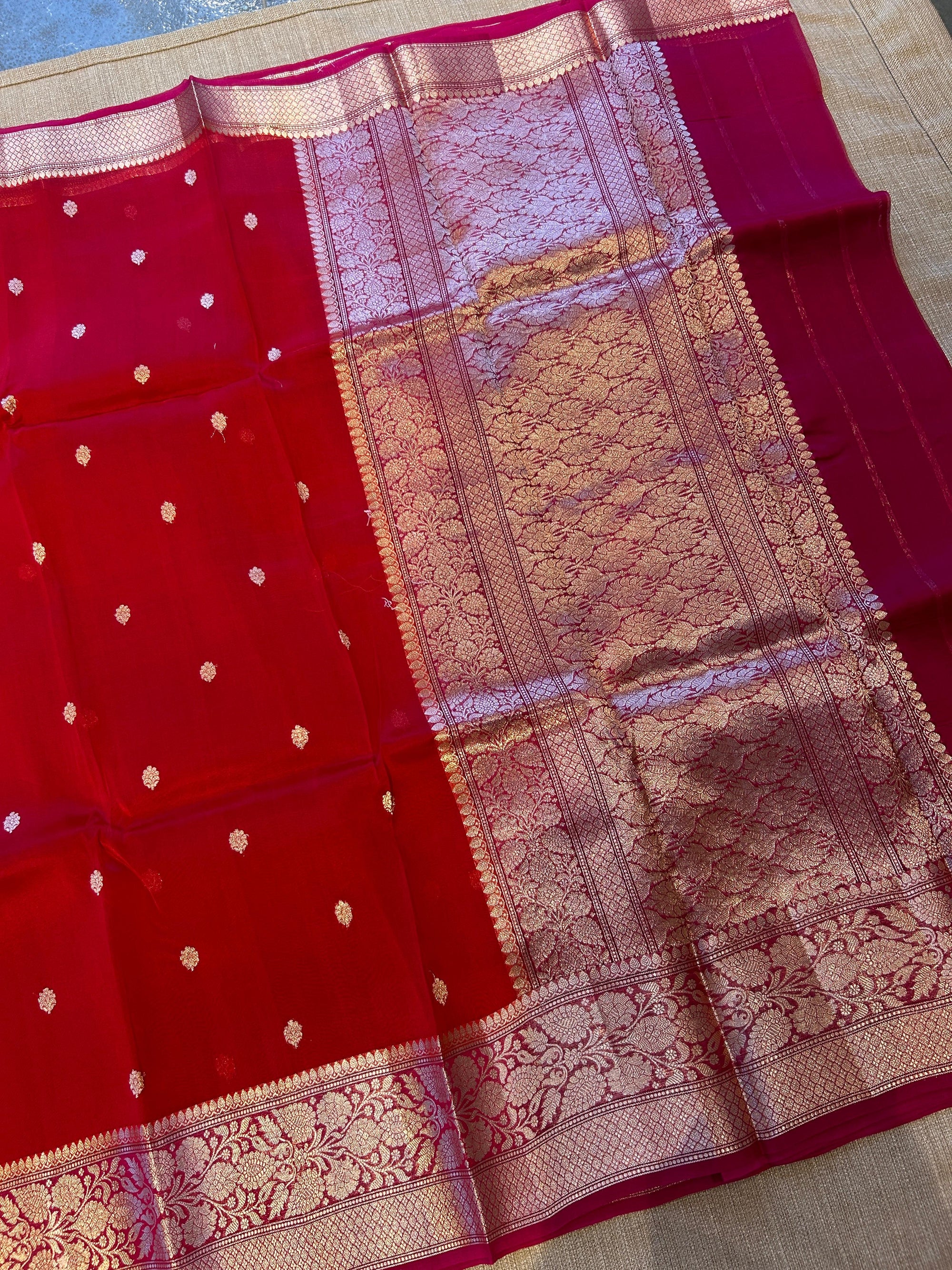 Red with pink Combo Pure Handloom premium Kora Banarasi Saree