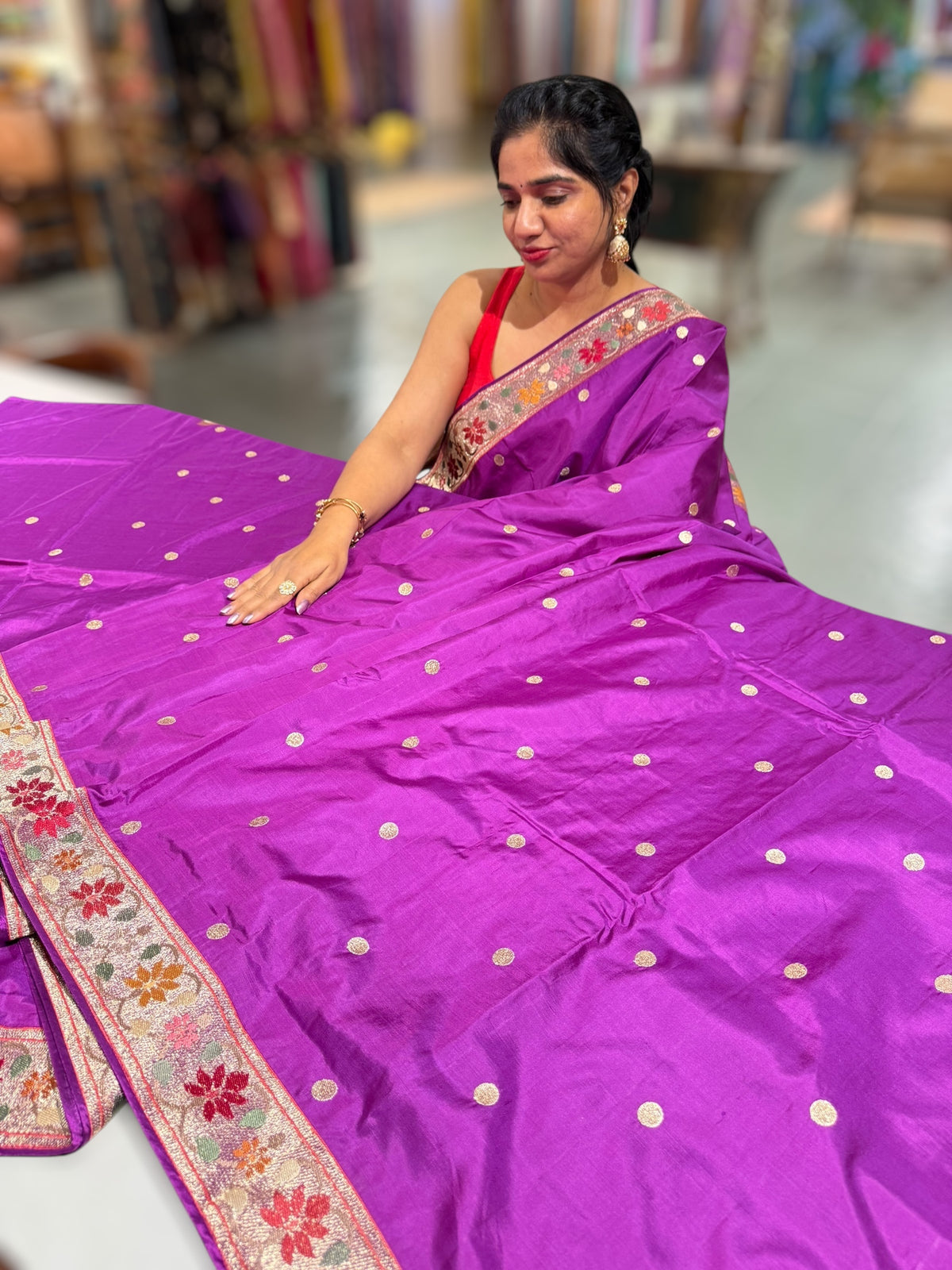 Majenta Kanchi soft silk saree with pythani and jamdani inspired embroidery
