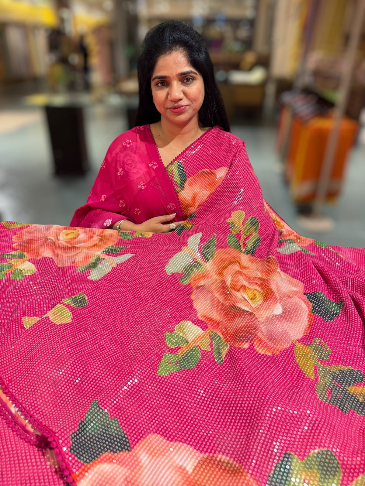 Dark Pink georgette sequence saree with statement floral print