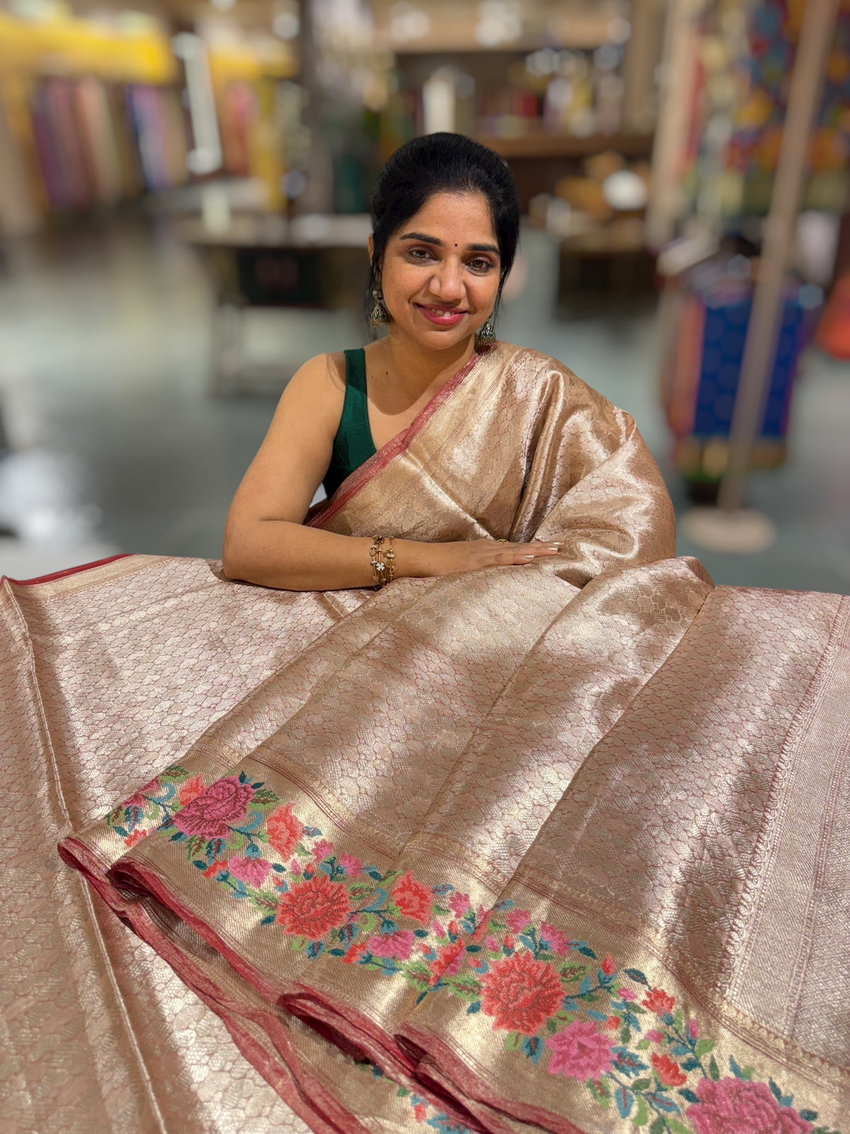 Meroon Red Base Banarasi Tissue Brocade Saree with Petite Point Embroidered Border