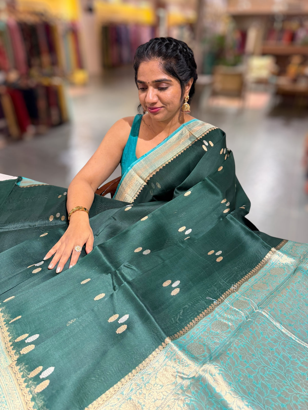 Forest Green & Teal Pure Handloom premium Kora Banarasi Saree