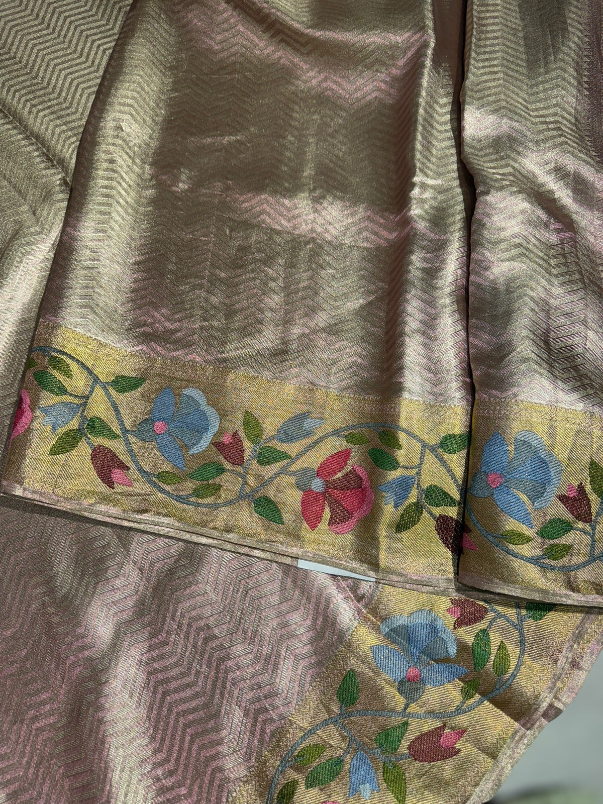 Light Rose Pink Kanchi Tissue Brocade Saree With jamdani inspired embroidery.