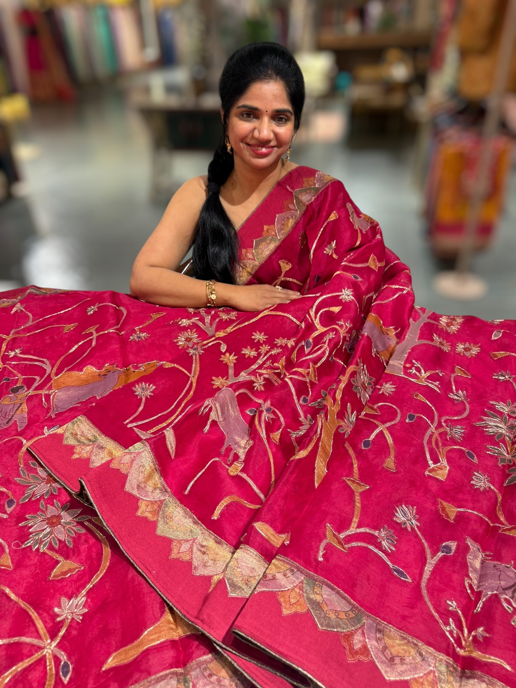 Ruby Pink Designer Organza Saree with Stunning Tissue Applique work Saree with Village theme