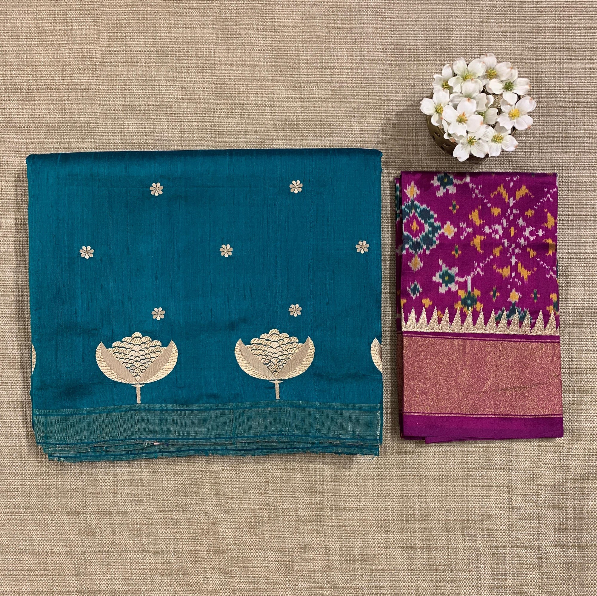 Peacock Blue Pure Handloom Raw Silk Saree