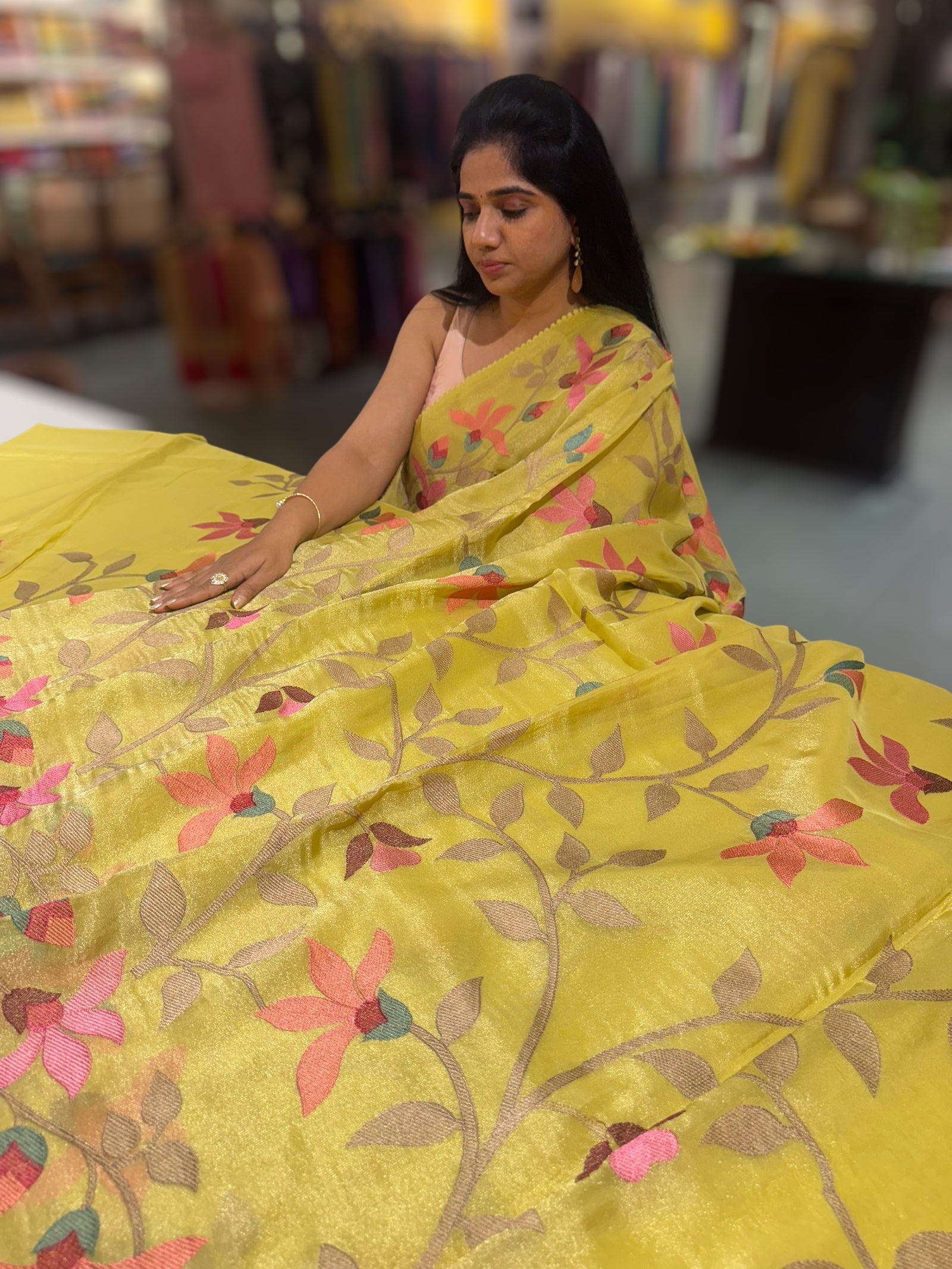 Lime yellow Tissue georgette saree with embroidery
