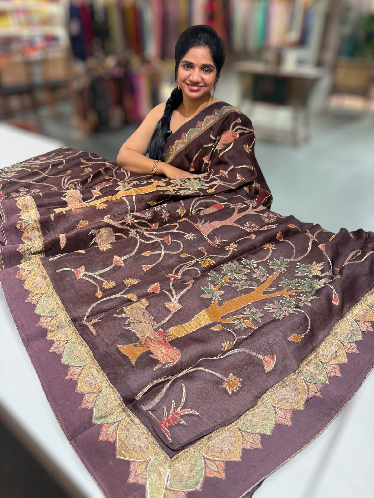 Brown Designer Organza Saree with Stunning Tissue Applique work Saree with Village theme