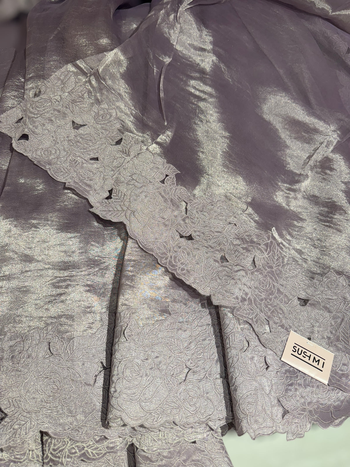 Lilac Banarasi Tissue With Rose Cutwork embroidered Border