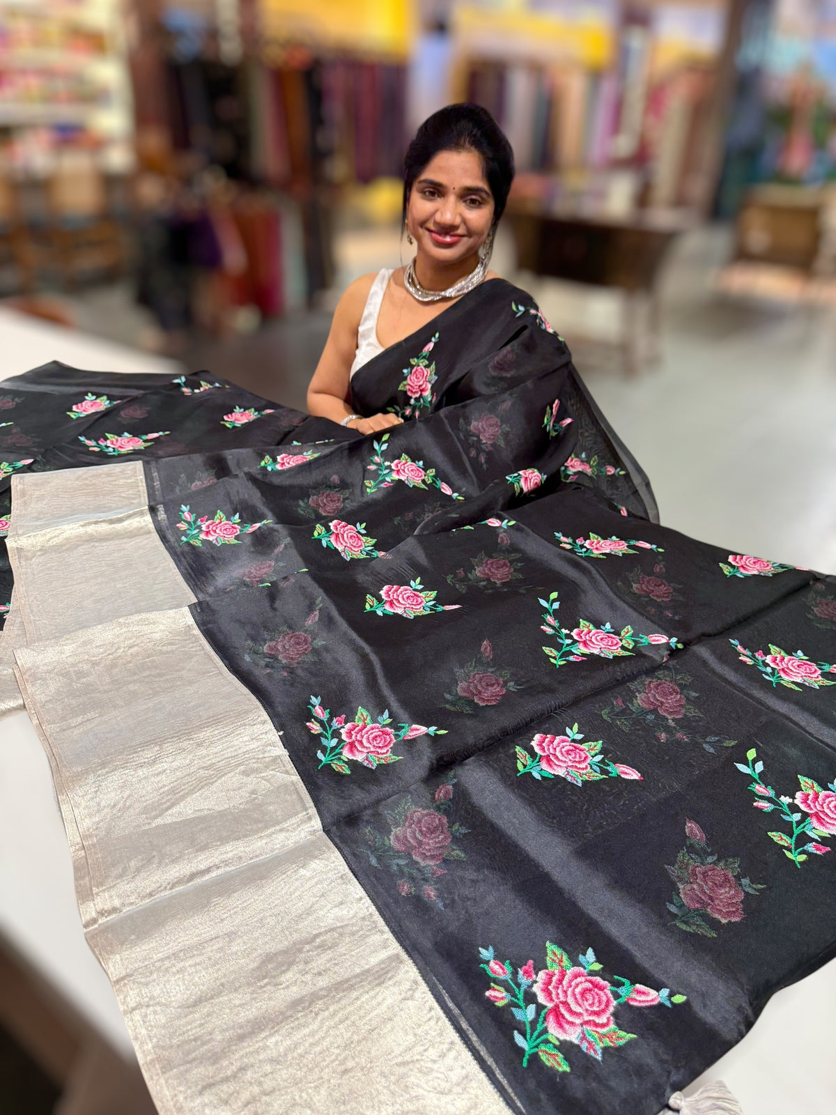 Black Pure Organza Saree with pure Tissue Border