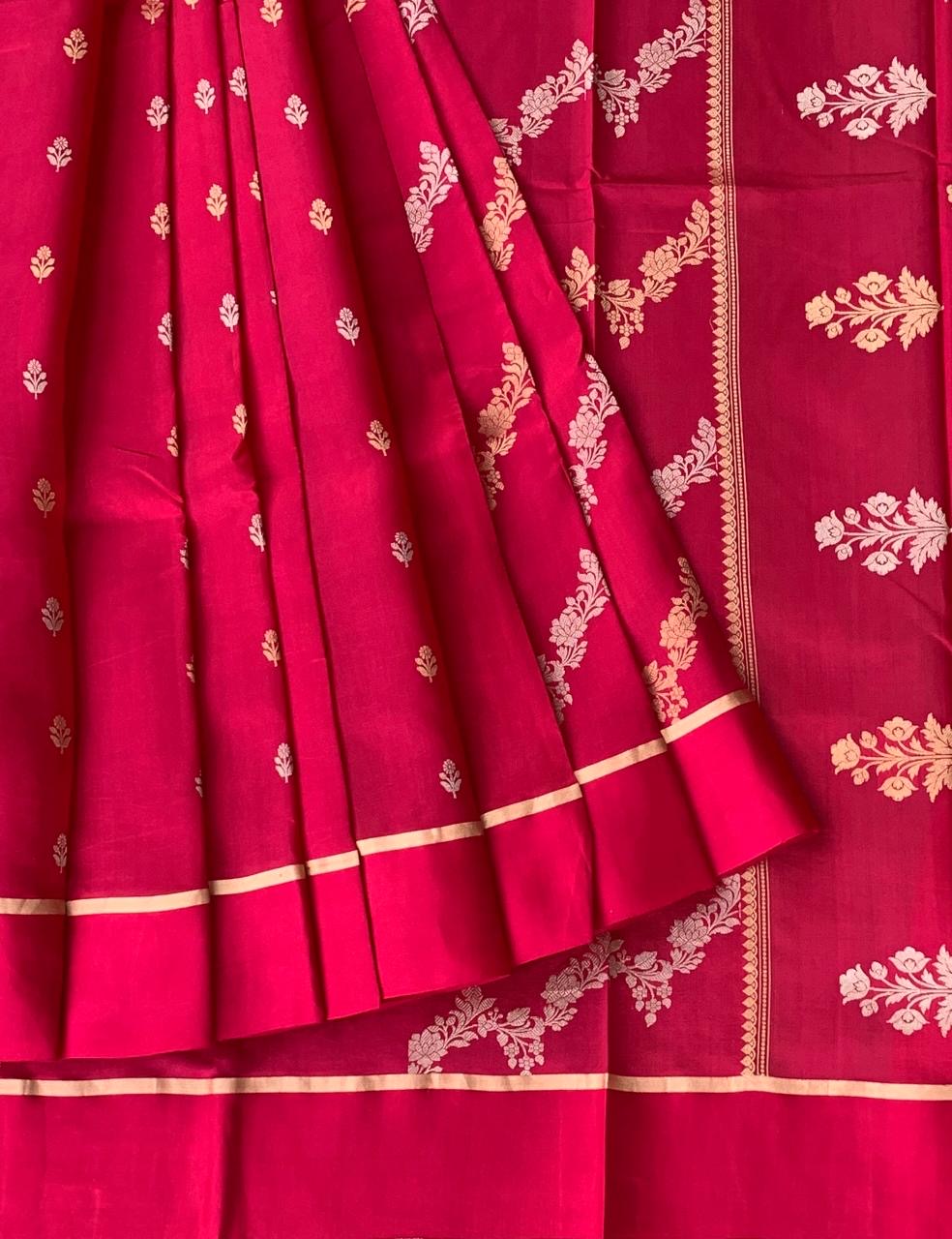 Ruby Pink Raw Mangoe Silk Saree in half and half style