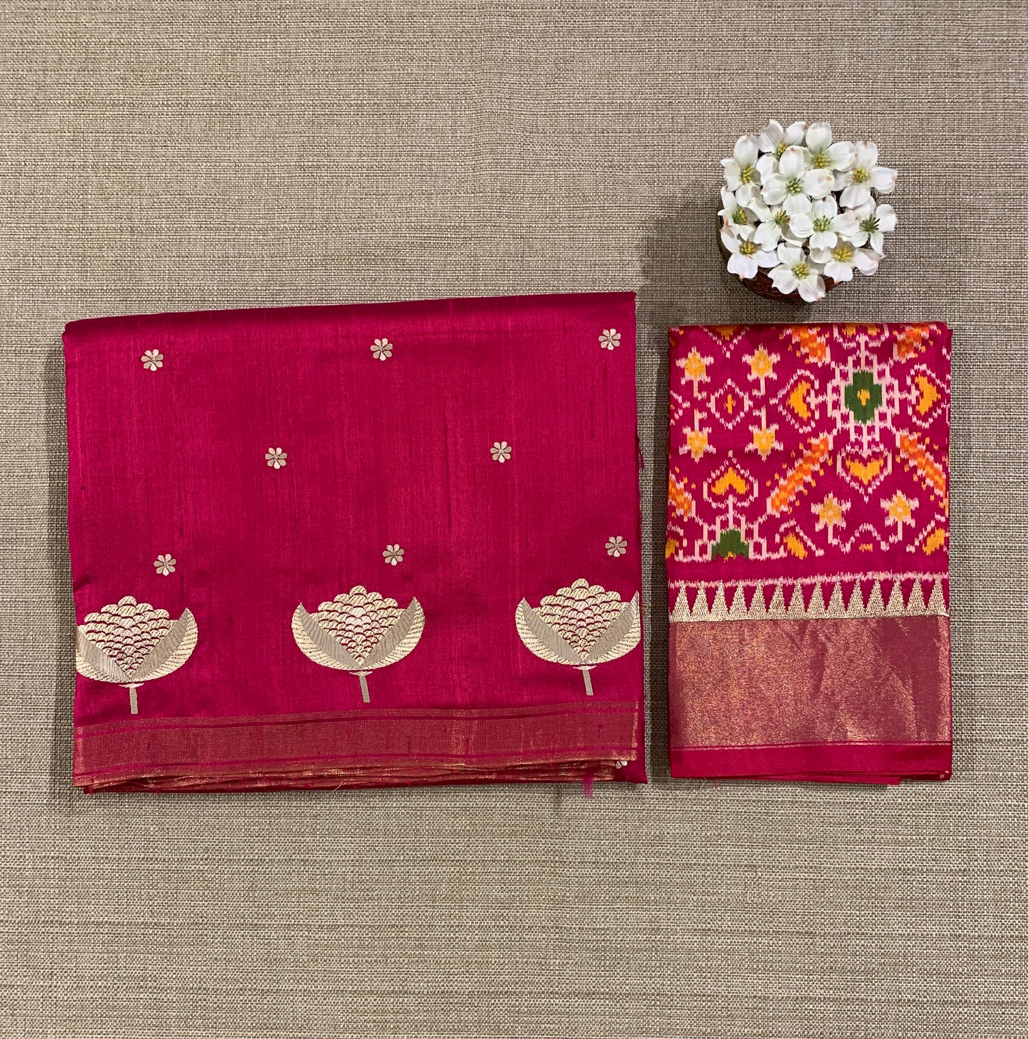 Dark Pink Pure Handloom Raw Silks Saree