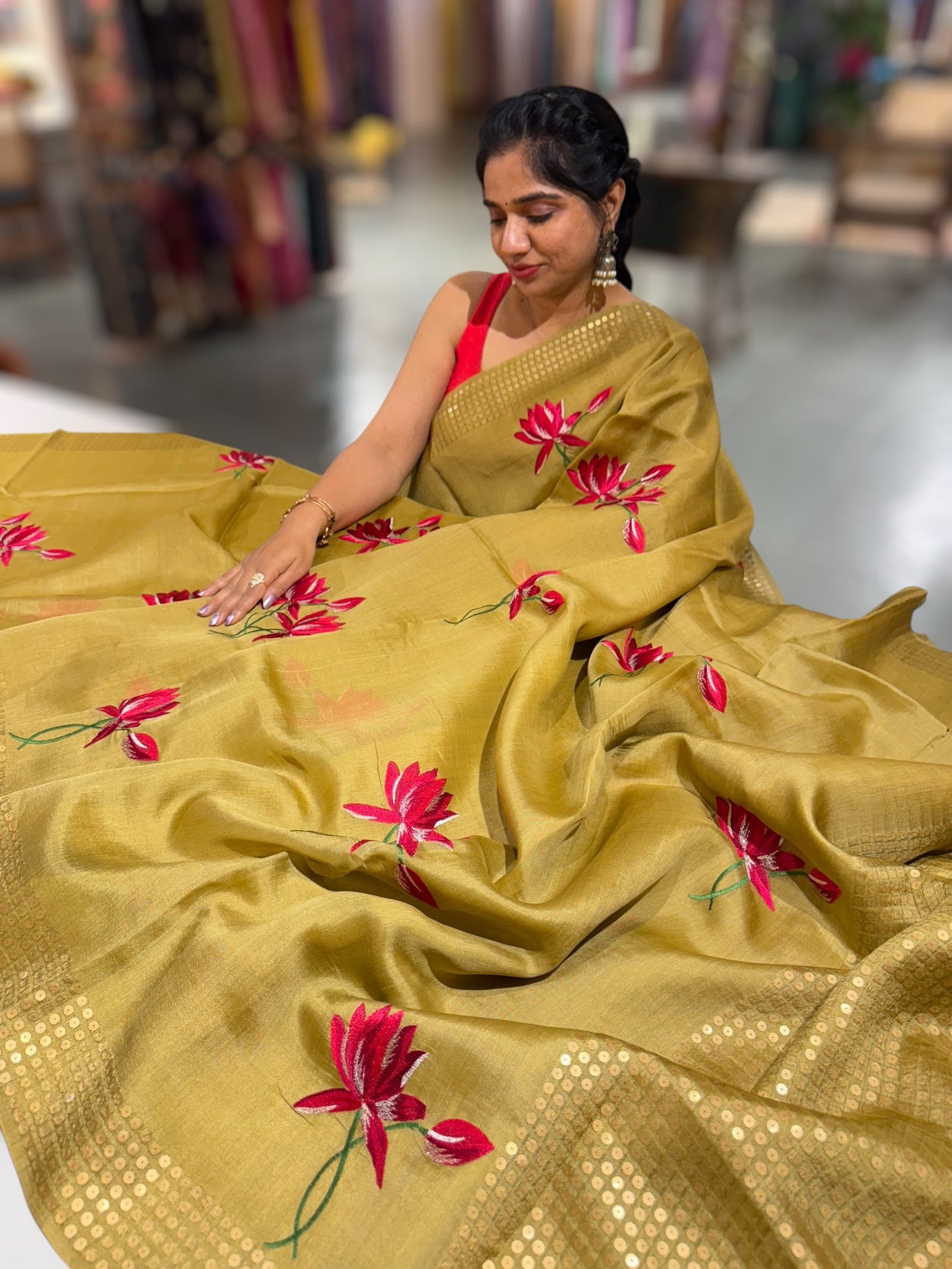 Lime yellow pure handloom tussar byloom saree with lotus embroidered bunch motifs