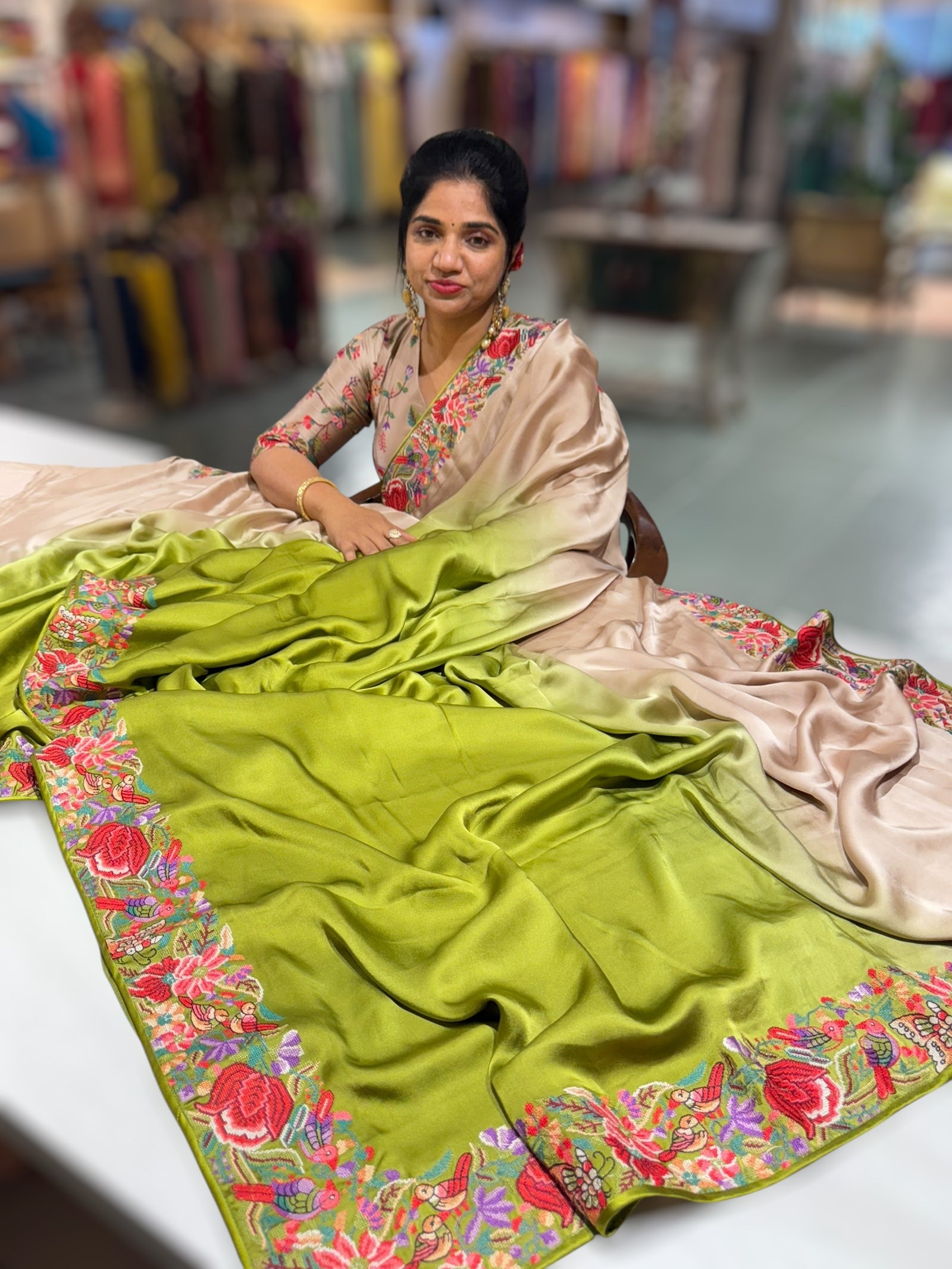 Pure Satin Ombre Dyed Saree with Petite Point Embroidered Border and blouse.
