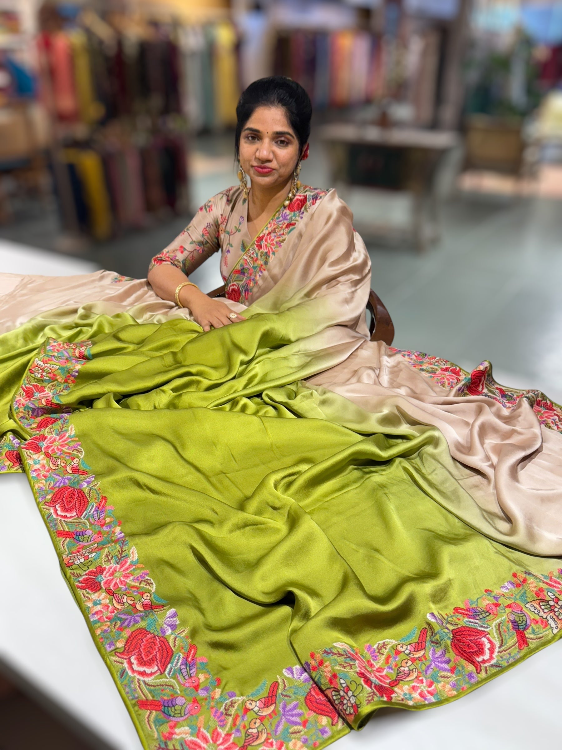 Pure Satin Ombre Dyed Saree with Petite Point Embroidered Border and blouse.