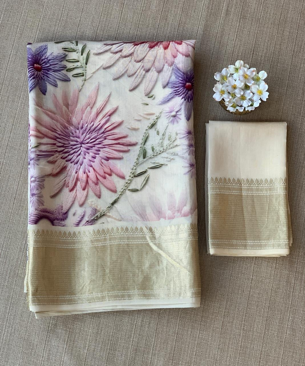 Ivory Pure Handloom Chiniya Silk Saree with stunning Floral Print and zari borders