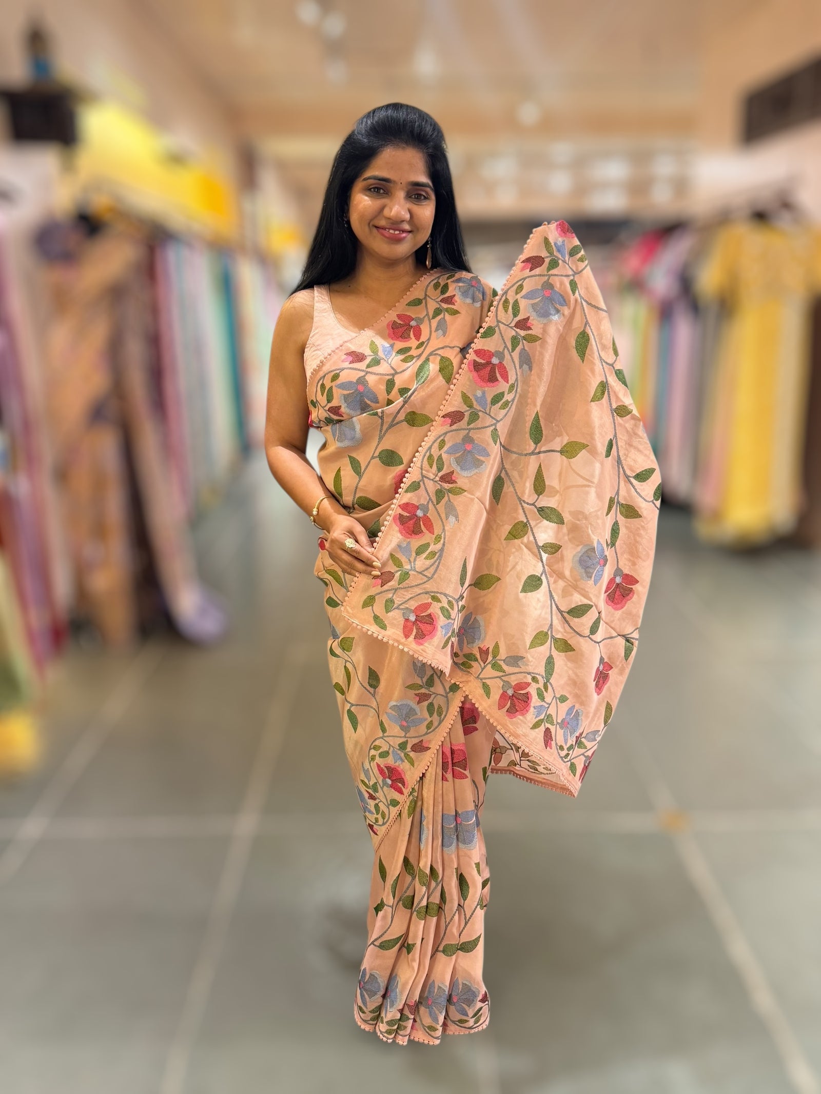 Nude Pink Tissue georgette saree with embroidey